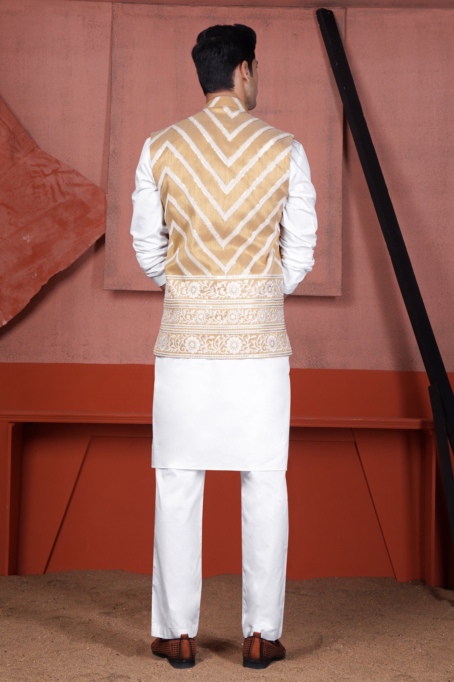 Bright White Kurta with Antique Brown and Merino Cream Zig Zag Cotton Thread Embroidered Designer Nehru Jacket