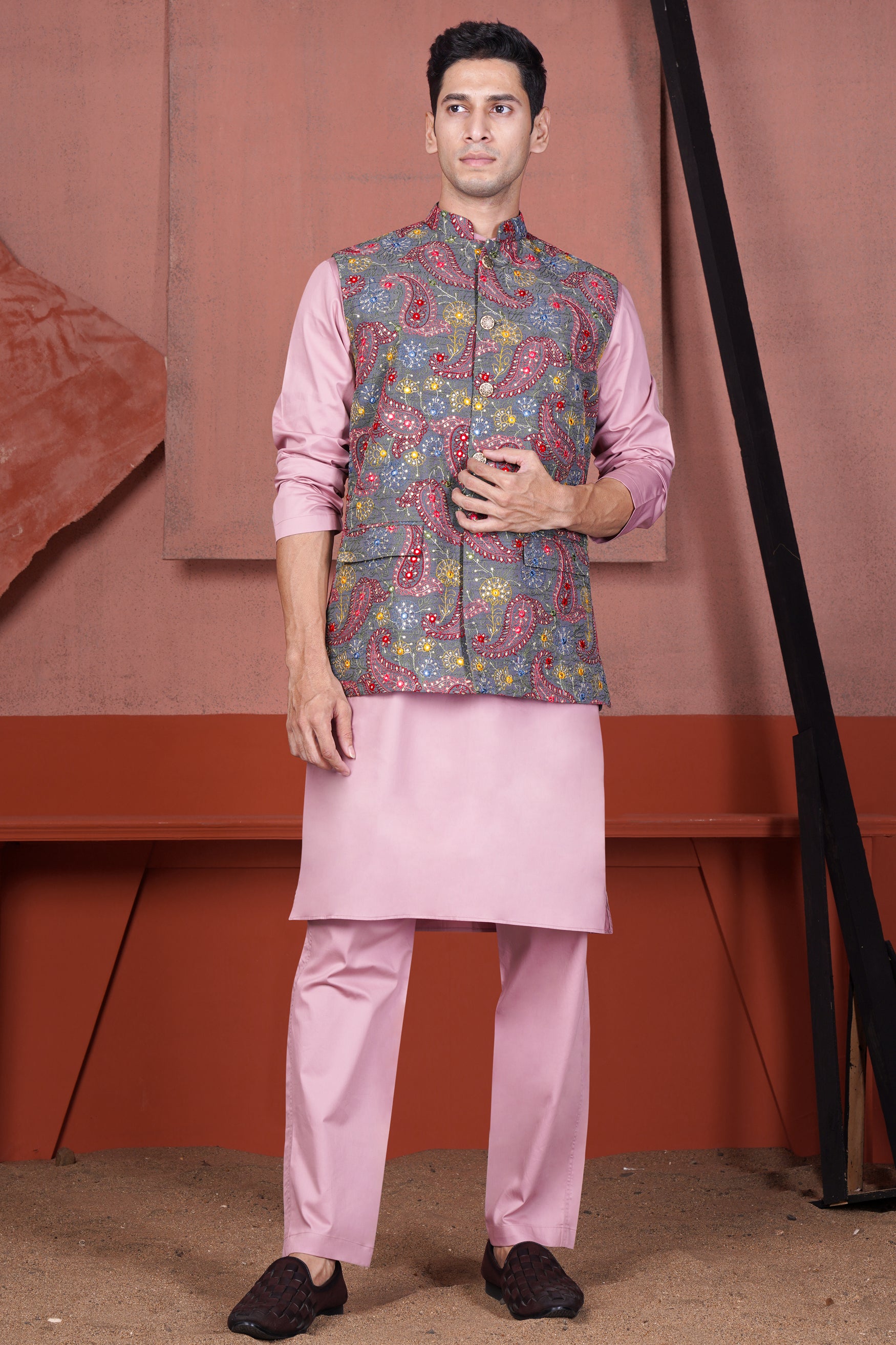 Kobi Pink Kurta with Nickel Gray and Brink Pink Paisley Cotton Thread Embroidered Designer Nehru Jacket