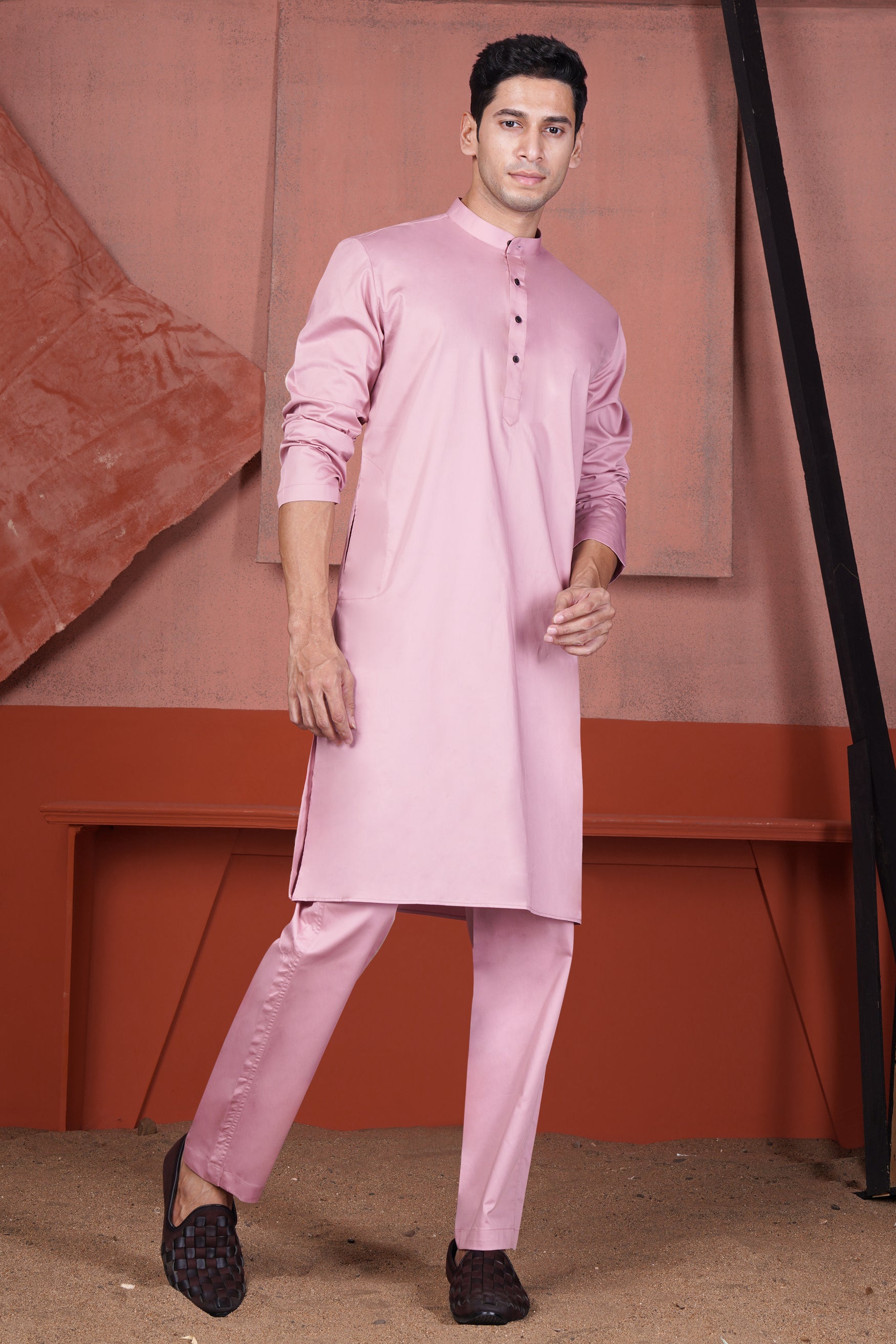 Kobi Pink Kurta with Nickel Gray and Brink Pink Paisley Cotton Thread Embroidered Designer Nehru Jacket