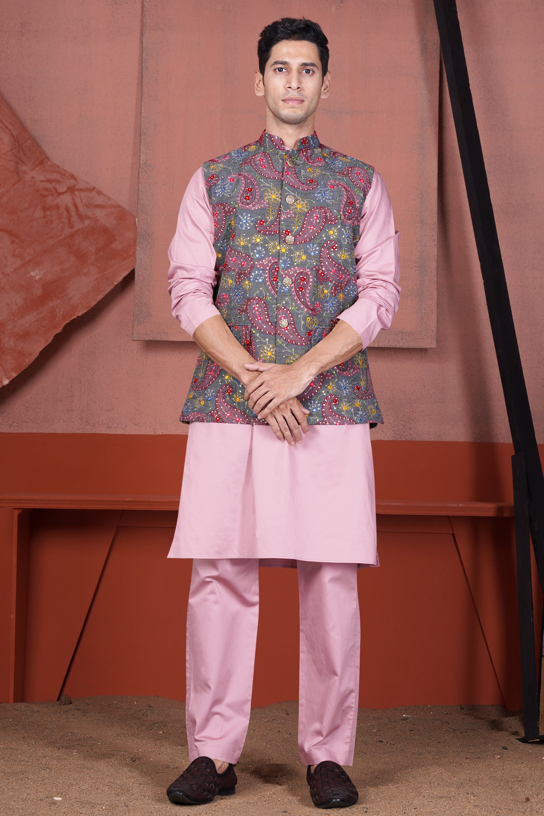 Kobi Pink Kurta with Nickel Gray and Brink Pink Paisley Cotton Thread Embroidered Designer Nehru Jacket