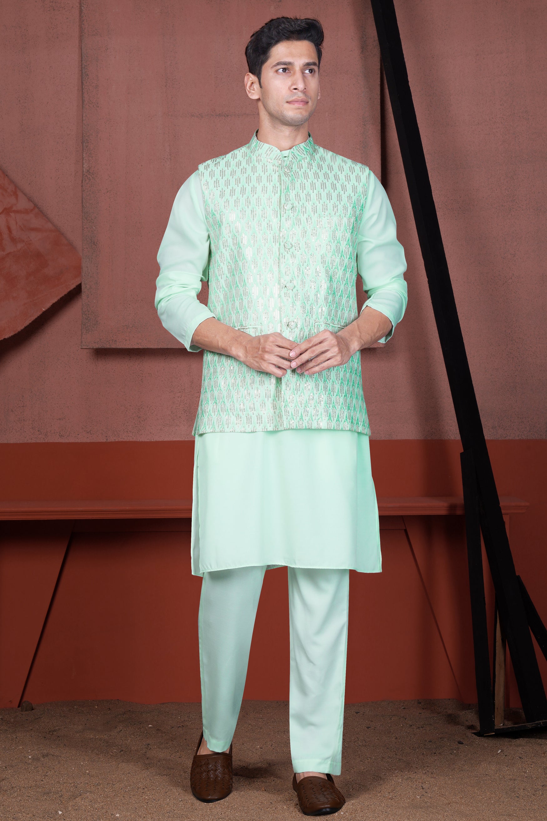 Edgewater Green Viscose Embroidered with Tikki Work Designer Kurta with Nehru Jacket