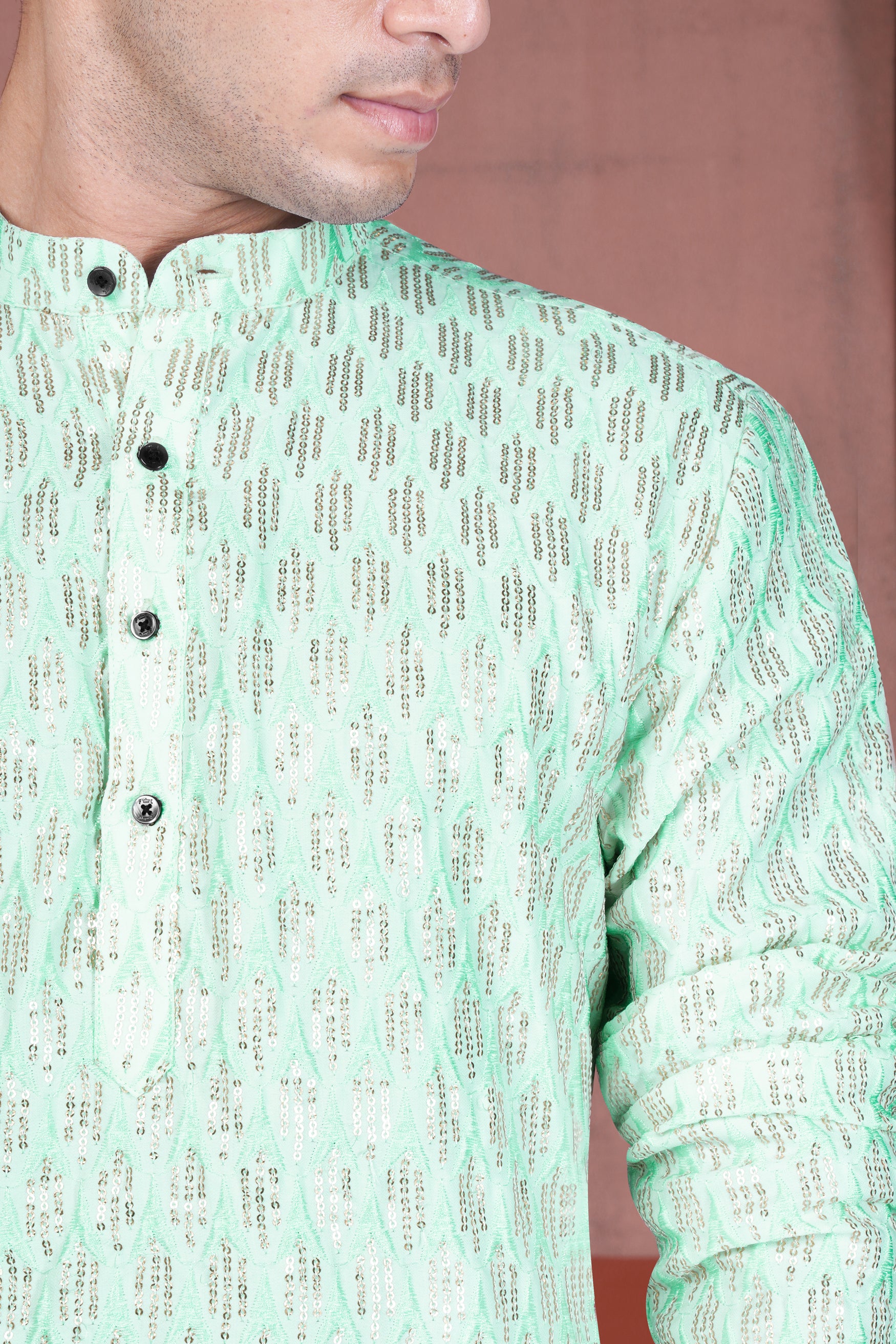 Edgewater Green Viscose Embroidered with Tikki Work Designer Kurta with Nehru Jacket