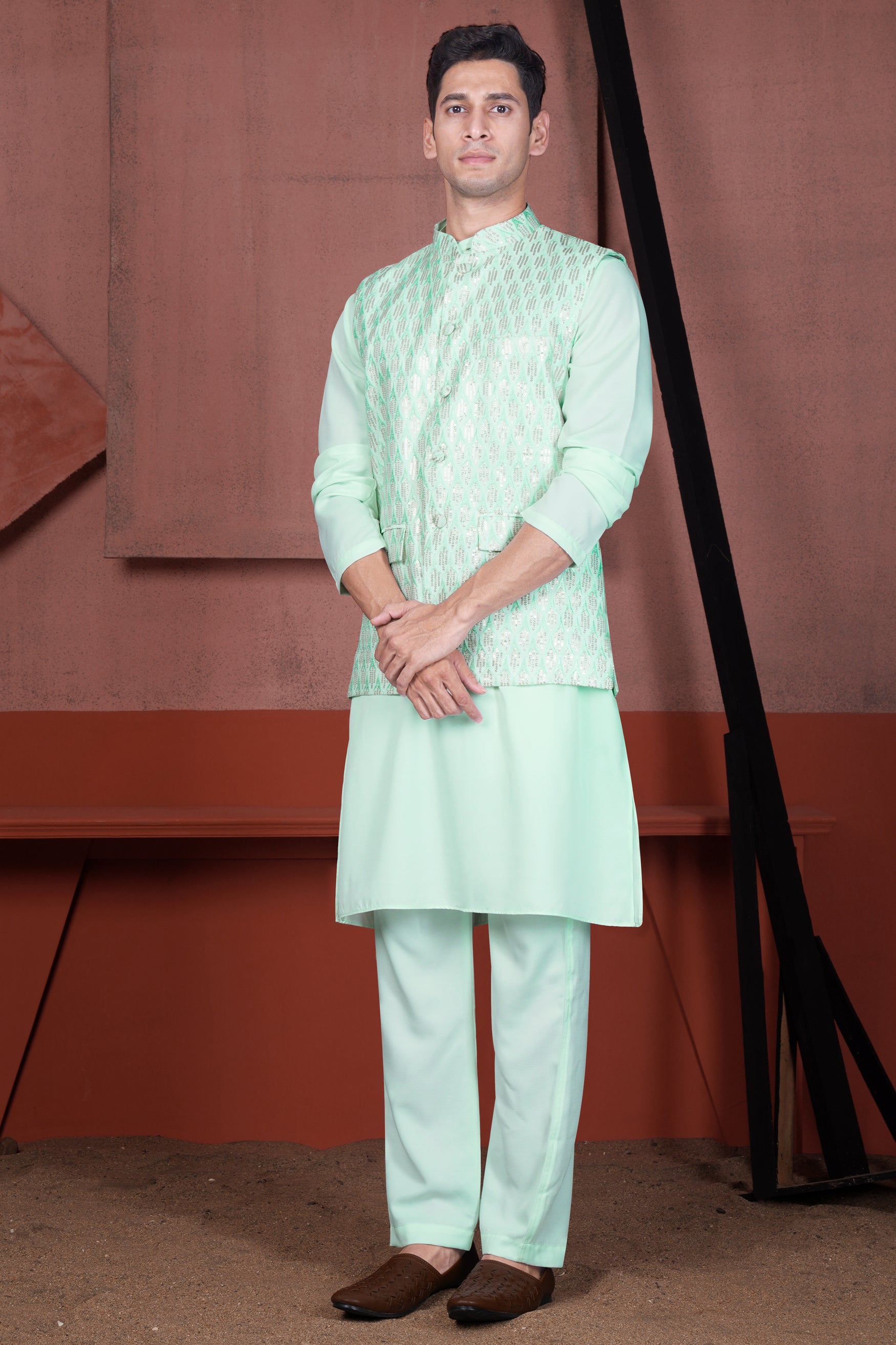 Edgewater Green Viscose Embroidered with Tikki Work Designer Kurta with Nehru Jacket