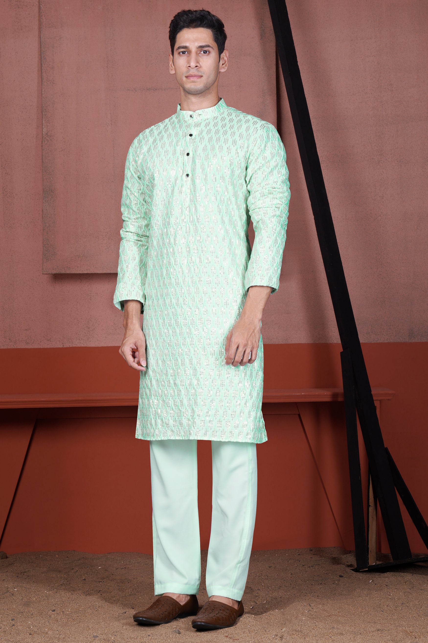 Edgewater Green Viscose Embroidered with Tikki Work Designer Kurta with Nehru Jacket