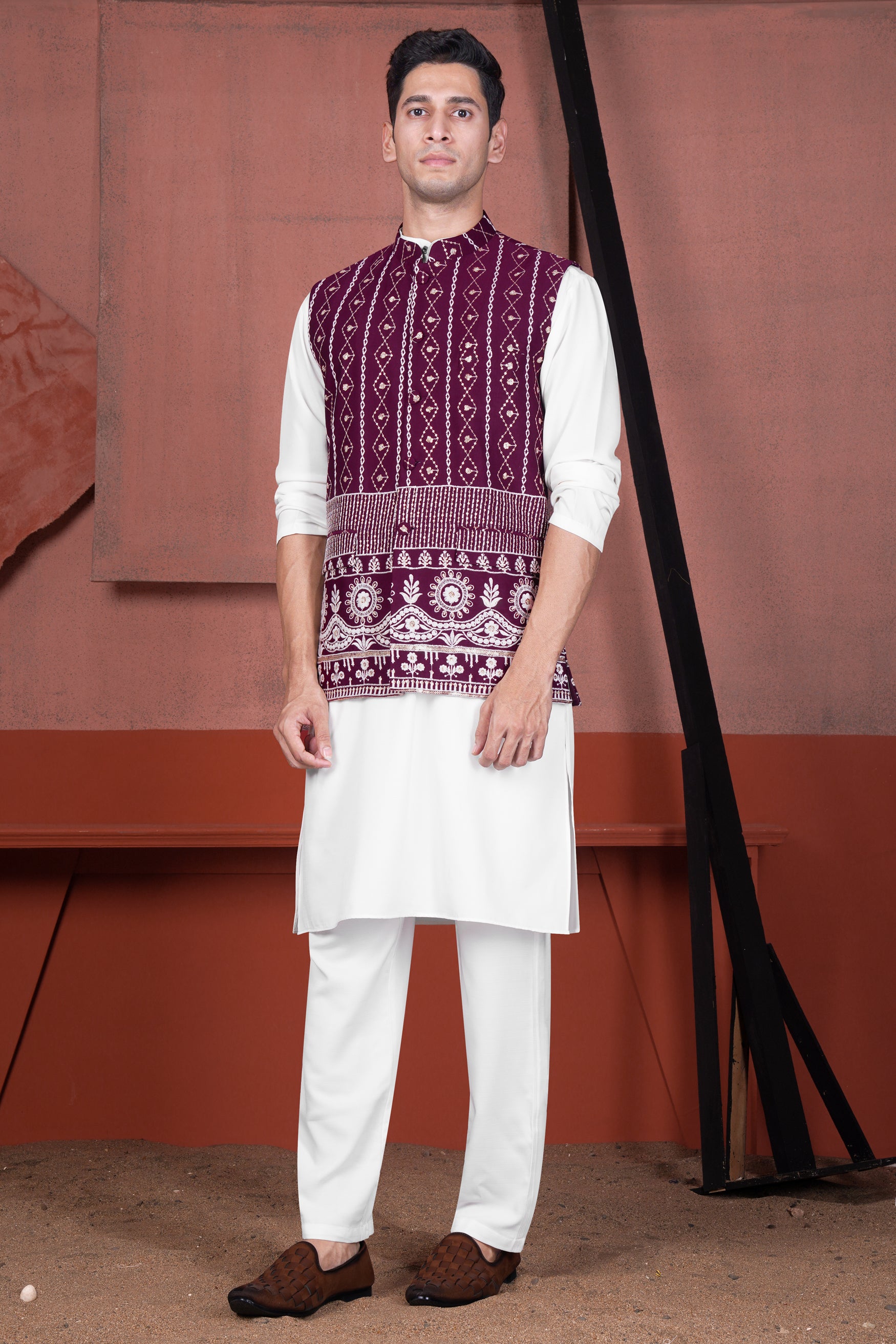 Bright White Kurta with Pansy Purple Cotton Thread Embroidered Viscose Designer Nehru Jacket