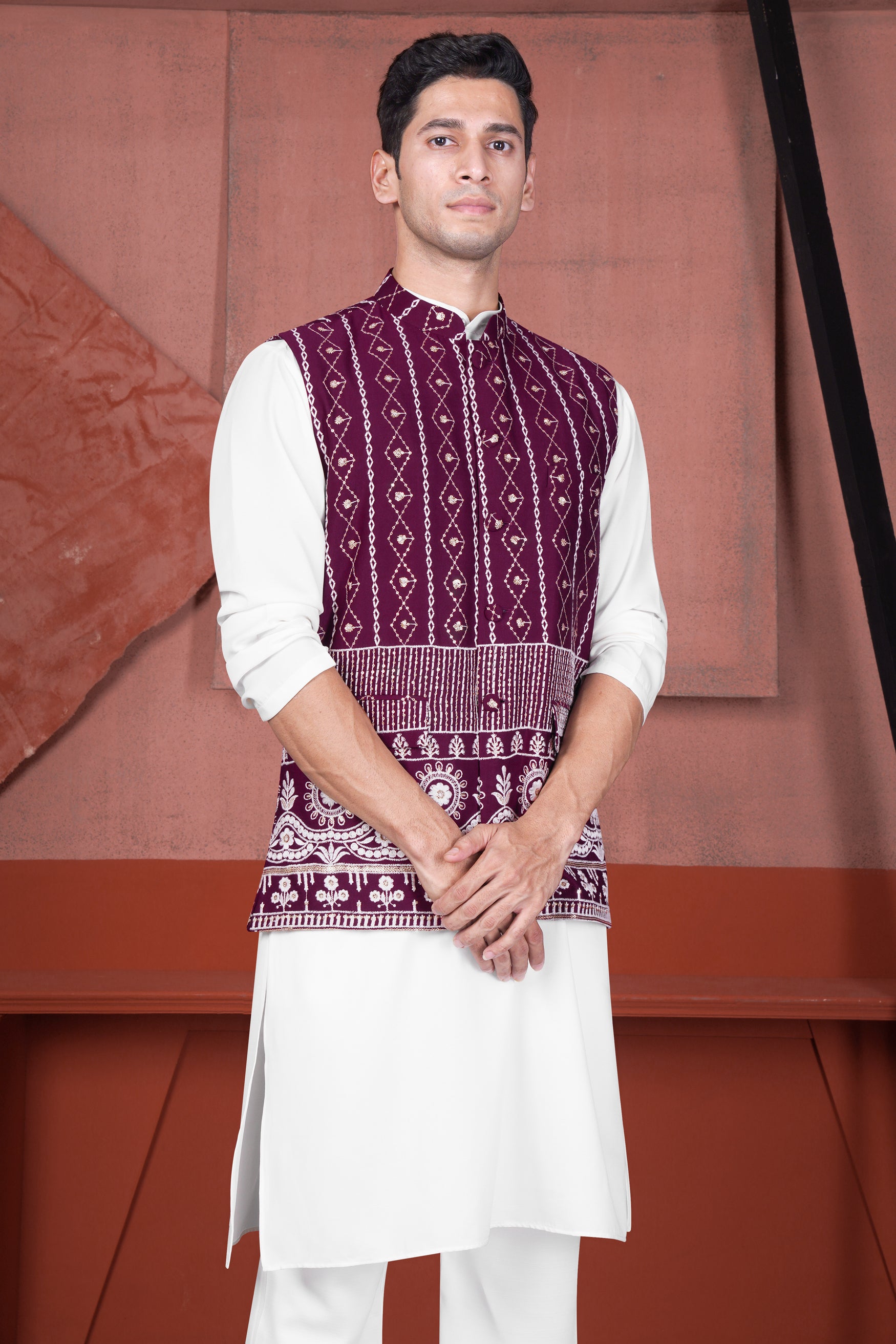 Bright White Kurta with Pansy Purple Cotton Thread Embroidered Viscose Designer Nehru Jacket