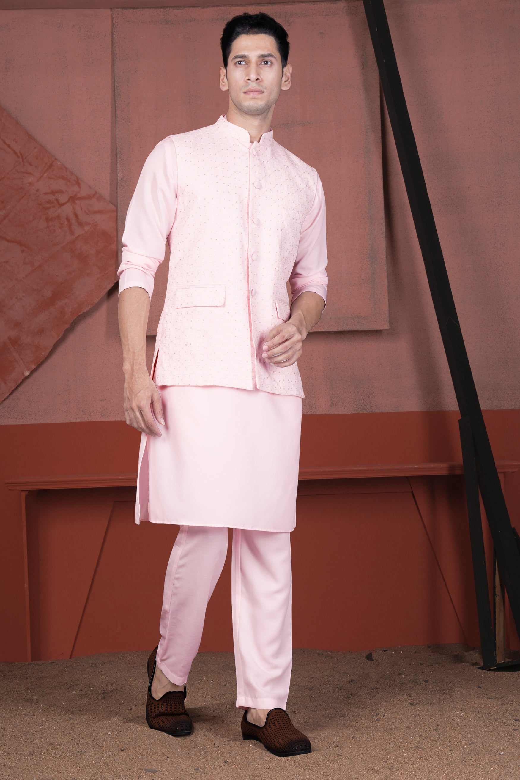 Blush Pink Viscose Embroidered With Tikki Work Designer Kurta With Nehru Jacket