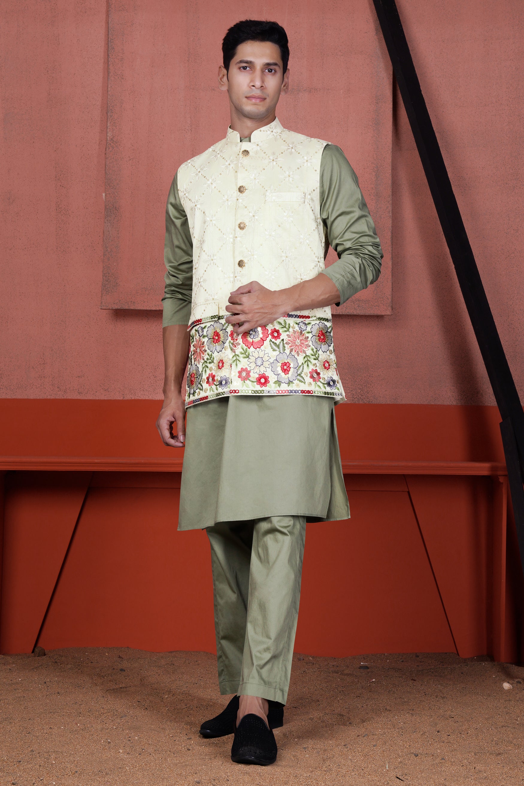 Olive Green Kurta with Merino Cream and Terra Pink Floral Cotton Thread Embroidered Designer Nehru Jacket