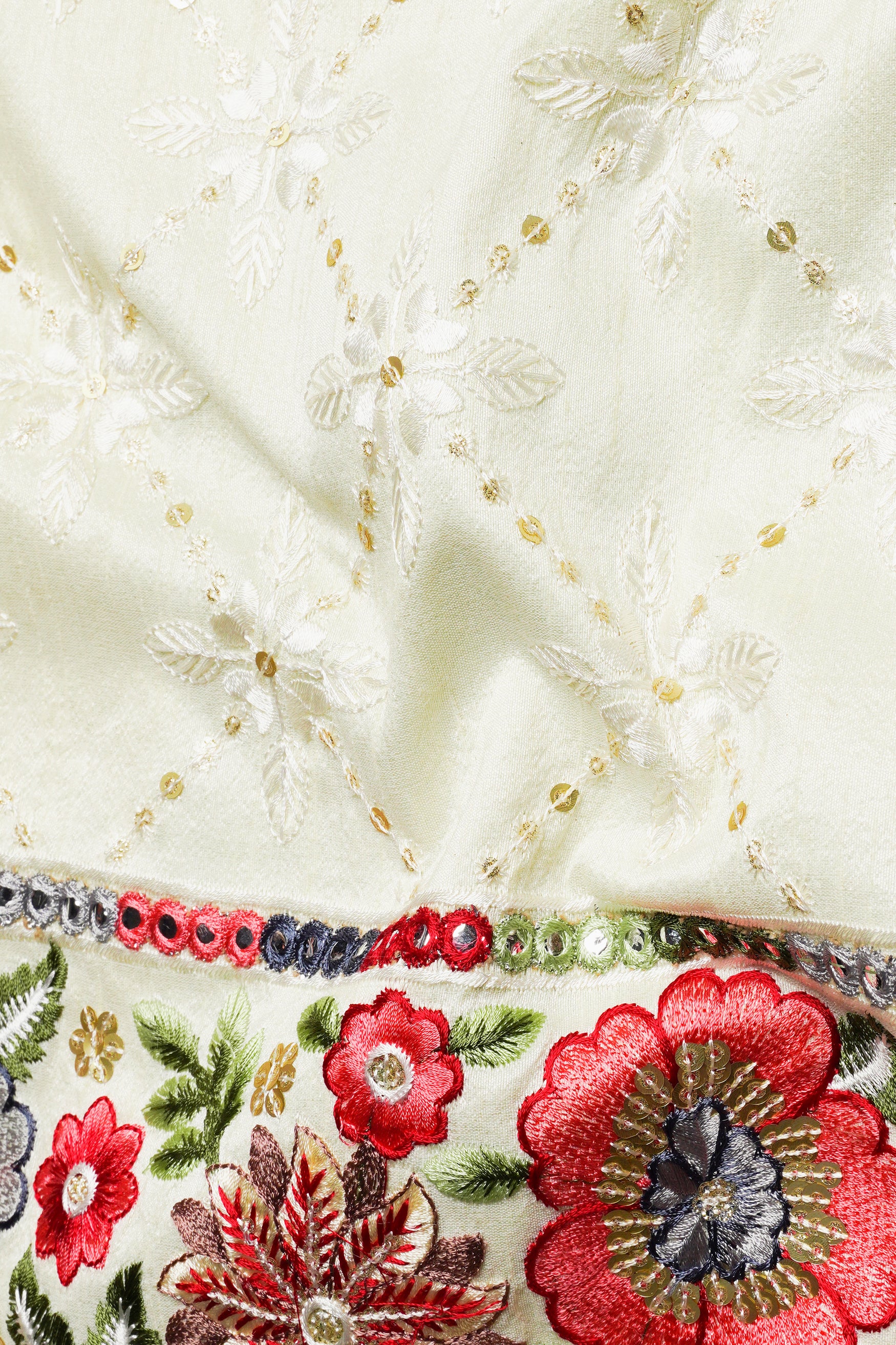 Olive Green Kurta with Merino Cream and Terra Pink Floral Cotton Thread Embroidered Designer Nehru Jacket