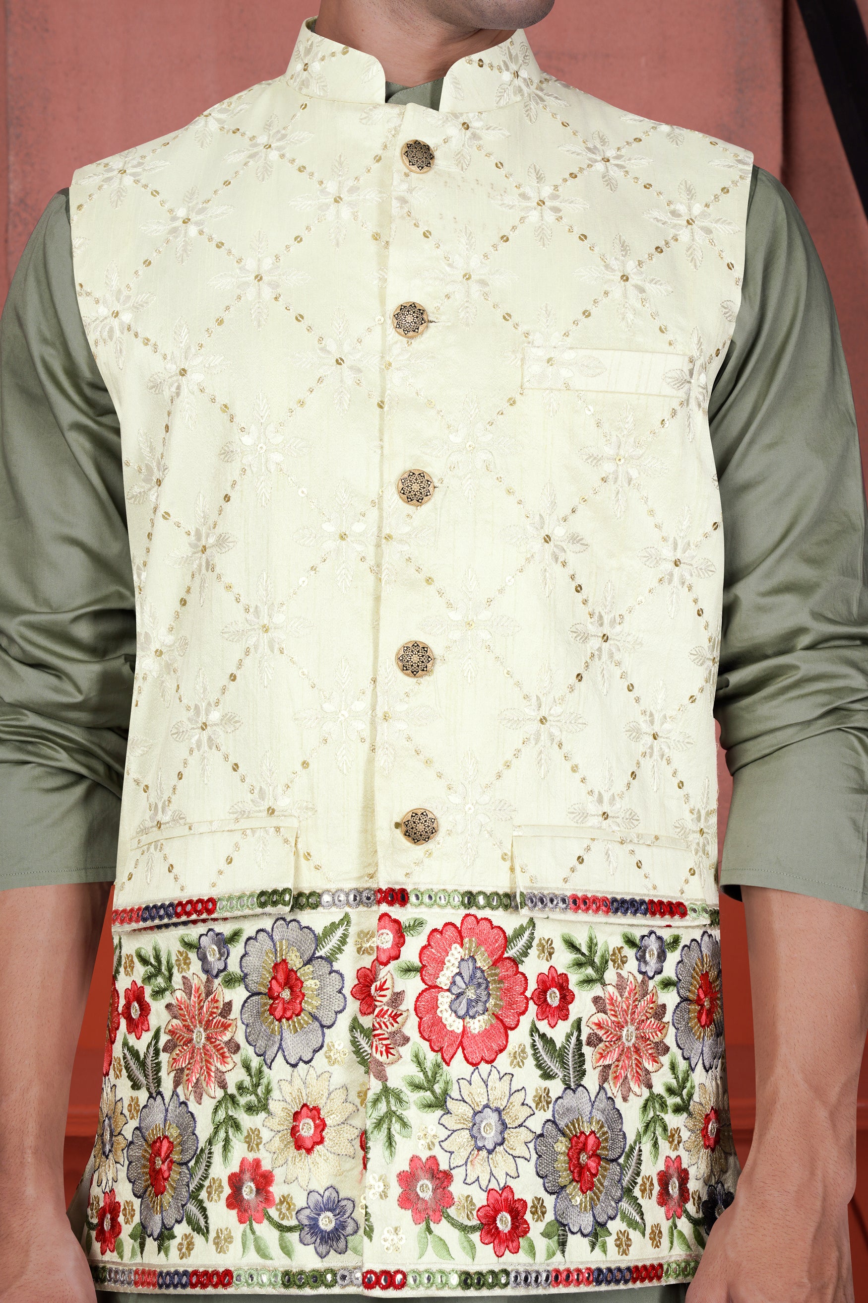 Olive Green Kurta with Merino Cream and Terra Pink Floral Cotton Thread Embroidered Designer Nehru Jacket