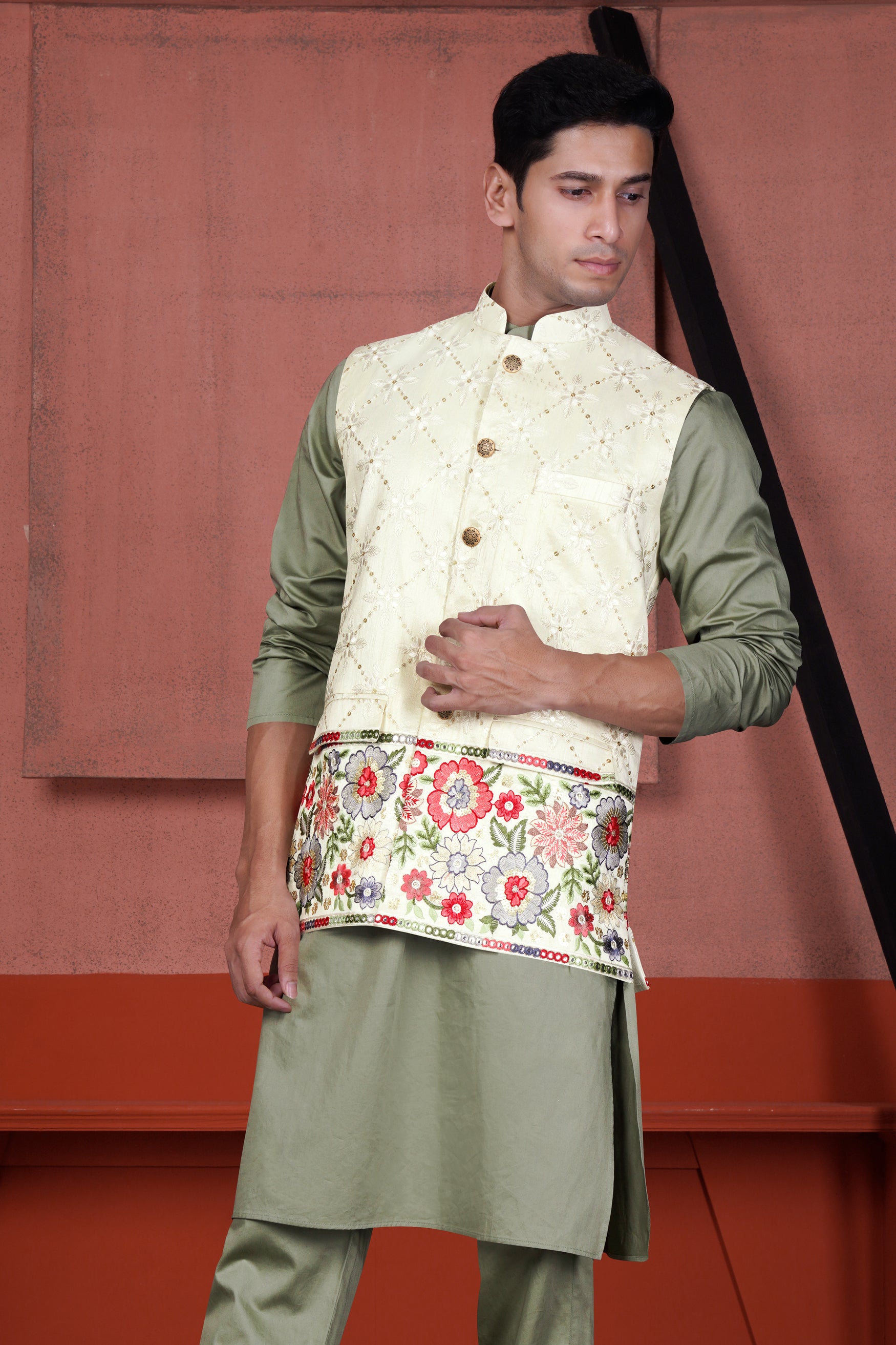 Olive Green Kurta with Merino Cream and Terra Pink Floral Cotton Thread Embroidered Designer Nehru Jacket
