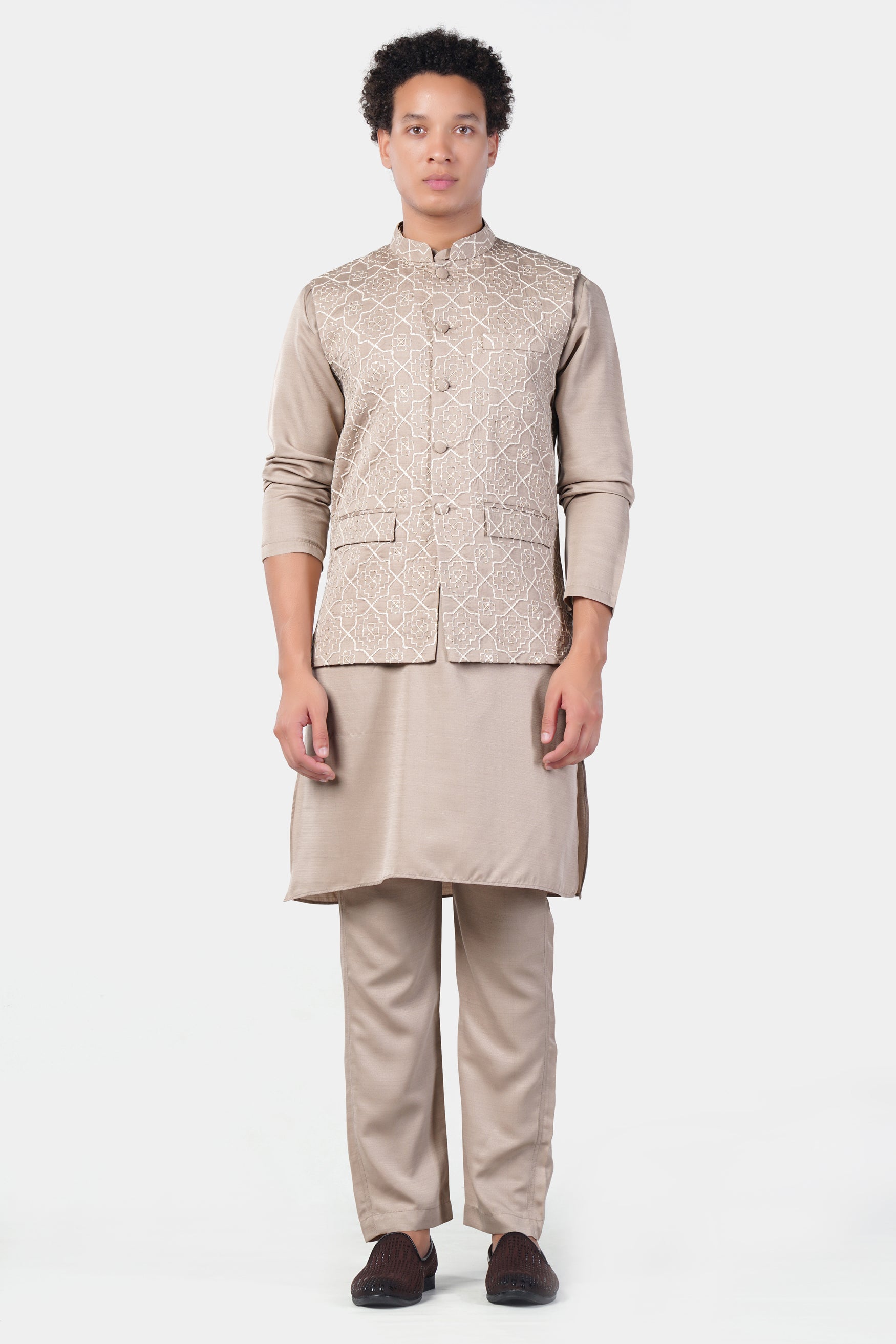 Chalice Brown Subtle Sheen Viscose Kurta Set with Trellis Pattern Thread and Sequin Embroidered Designer Nehru Jacket KPNJ254-FB-44,  KPNJ254-FB-46,  KPNJ254-FB-48,  KPNJ254-FB-50,  KPNJ254-FB-52,  KPNJ254-FB-54,  KPNJ254-FB-56,  KPNJ254-FB-58,  KPNJ254-FB-60