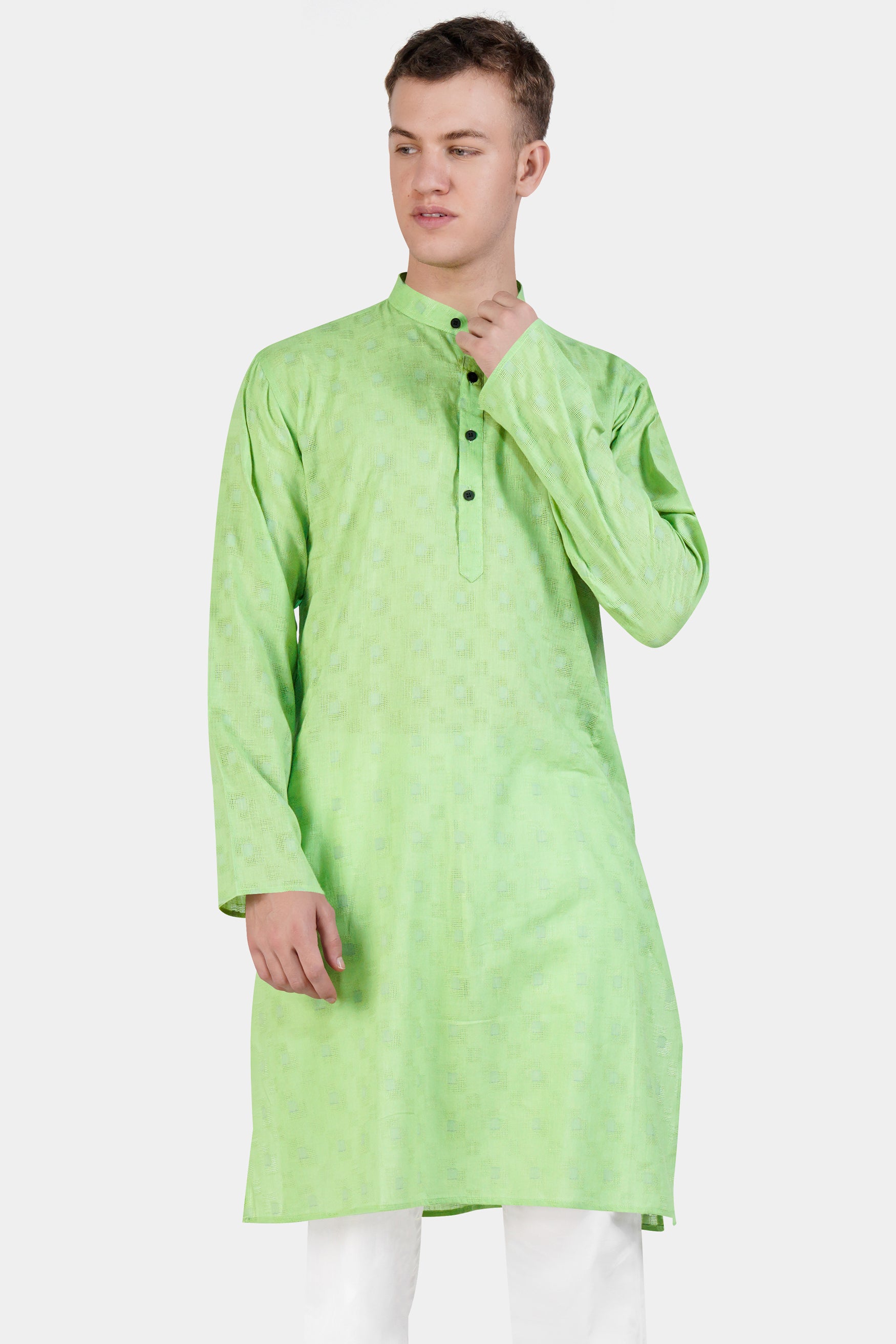 Pixie Green Geometric Dobby Textured Premium Giza Cotton Kurta