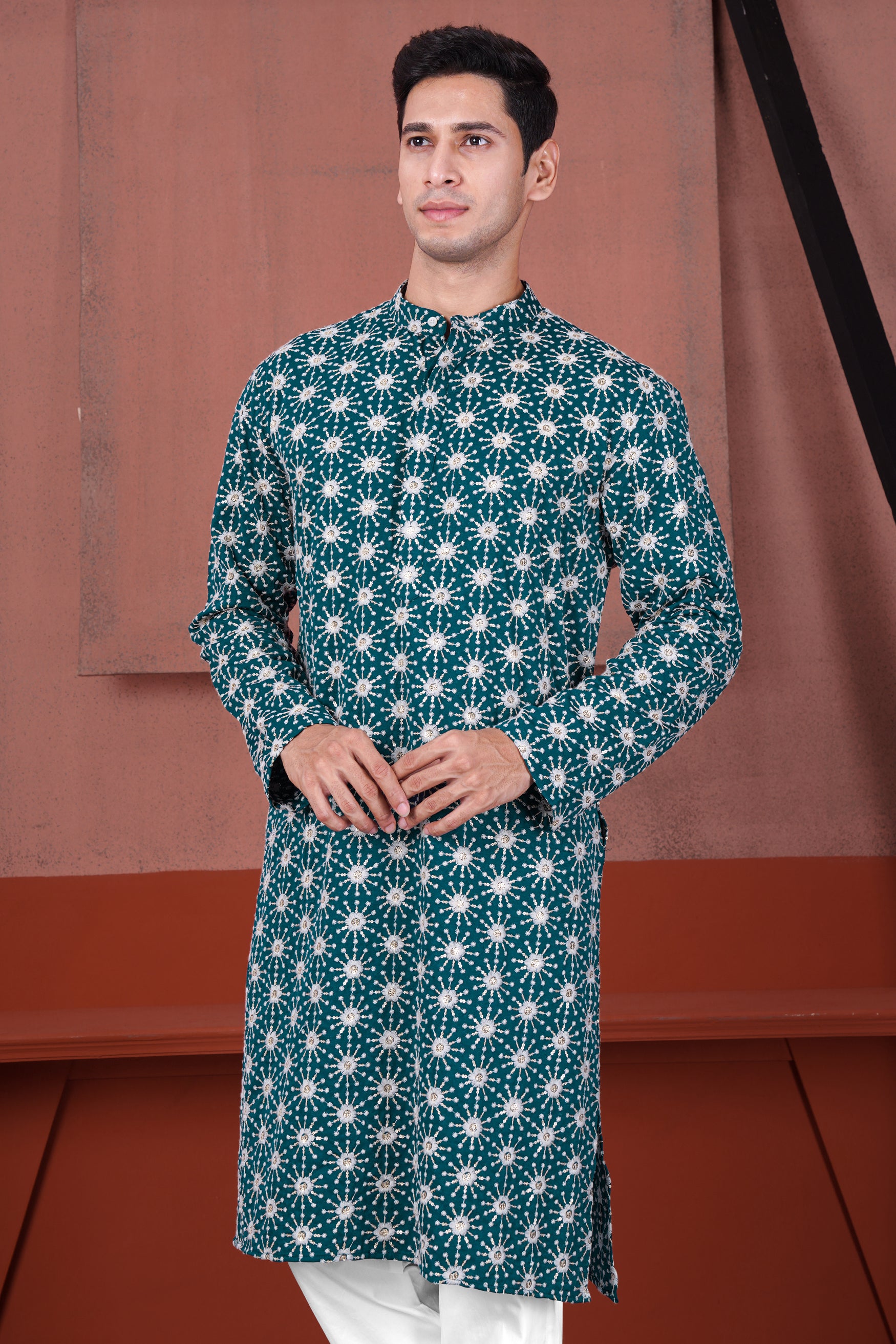 Sherpa Blue and Bright White Floral Embroidered with Sequin Work Viscose Designer Kurta Set