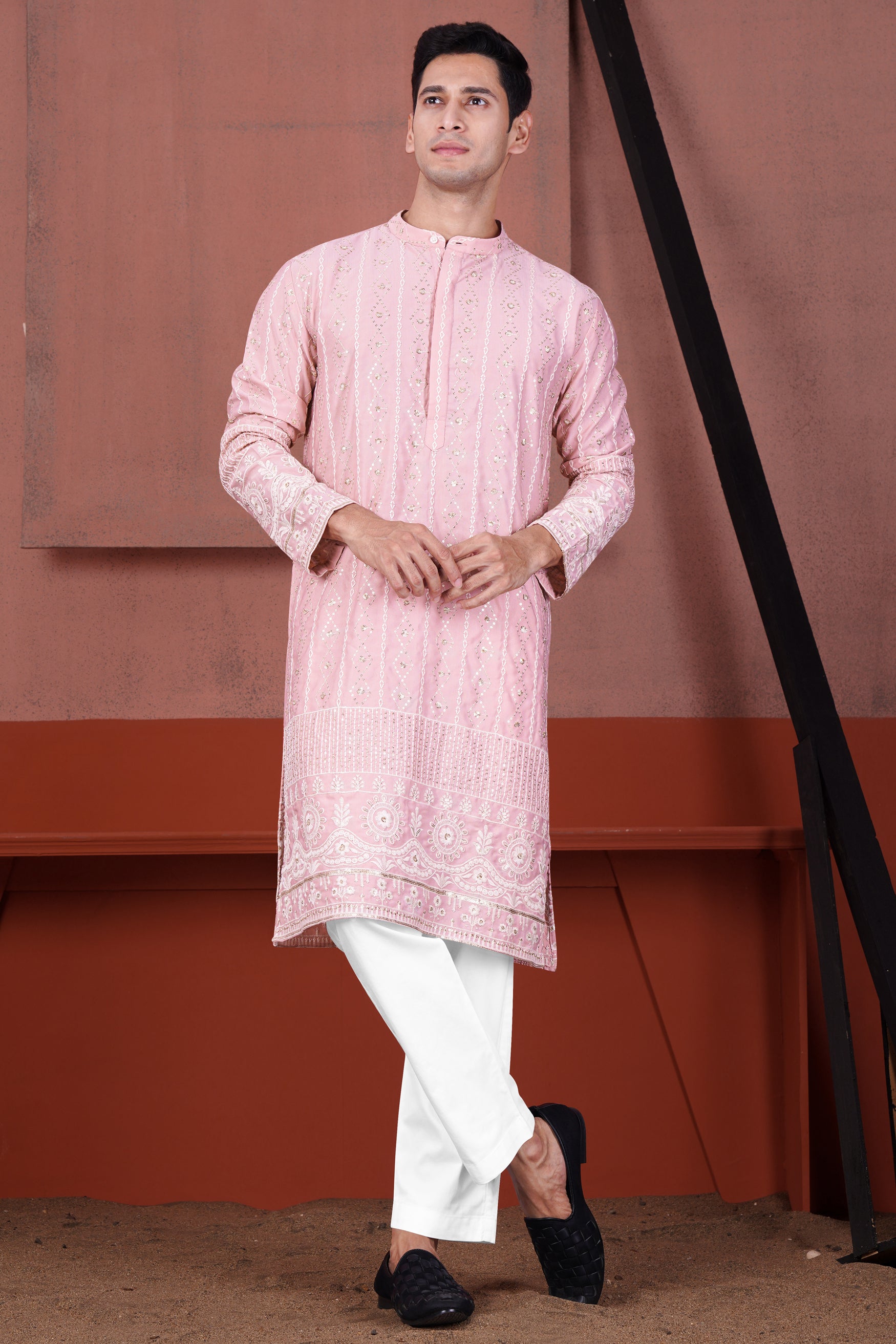 Oyster Pink Embroidered with Sequin Work Viscose Designer Kurta Set