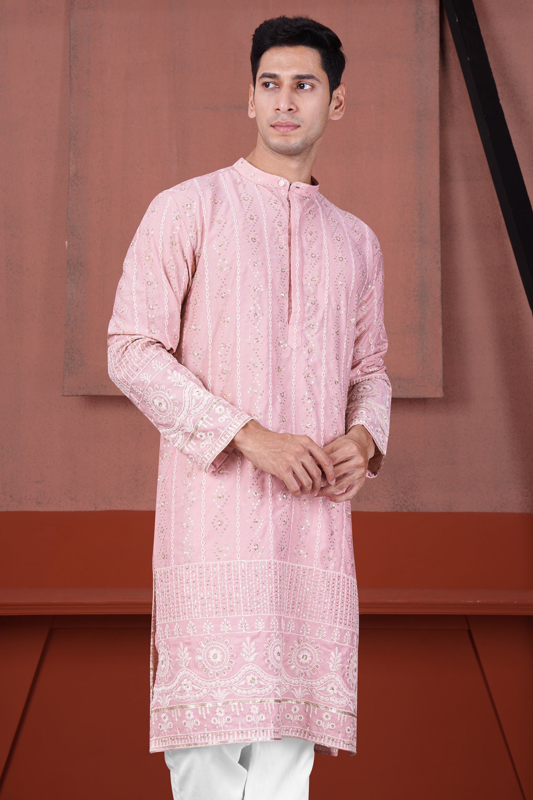 Oyster Pink Embroidered with Sequin Work Viscose Designer Kurta Set
