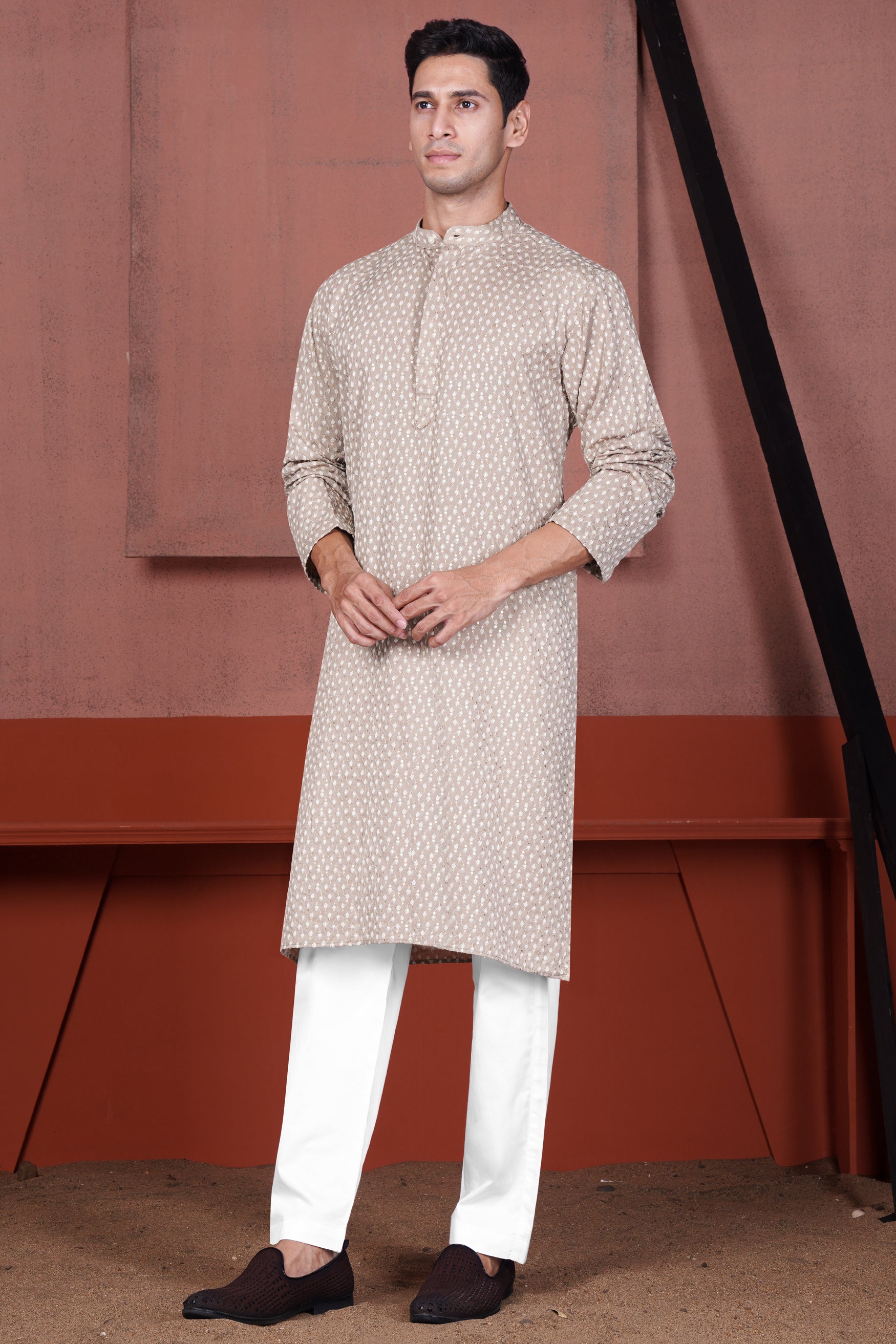 Clam Shell Brown Embroidered Viscose Designer Kurta Set