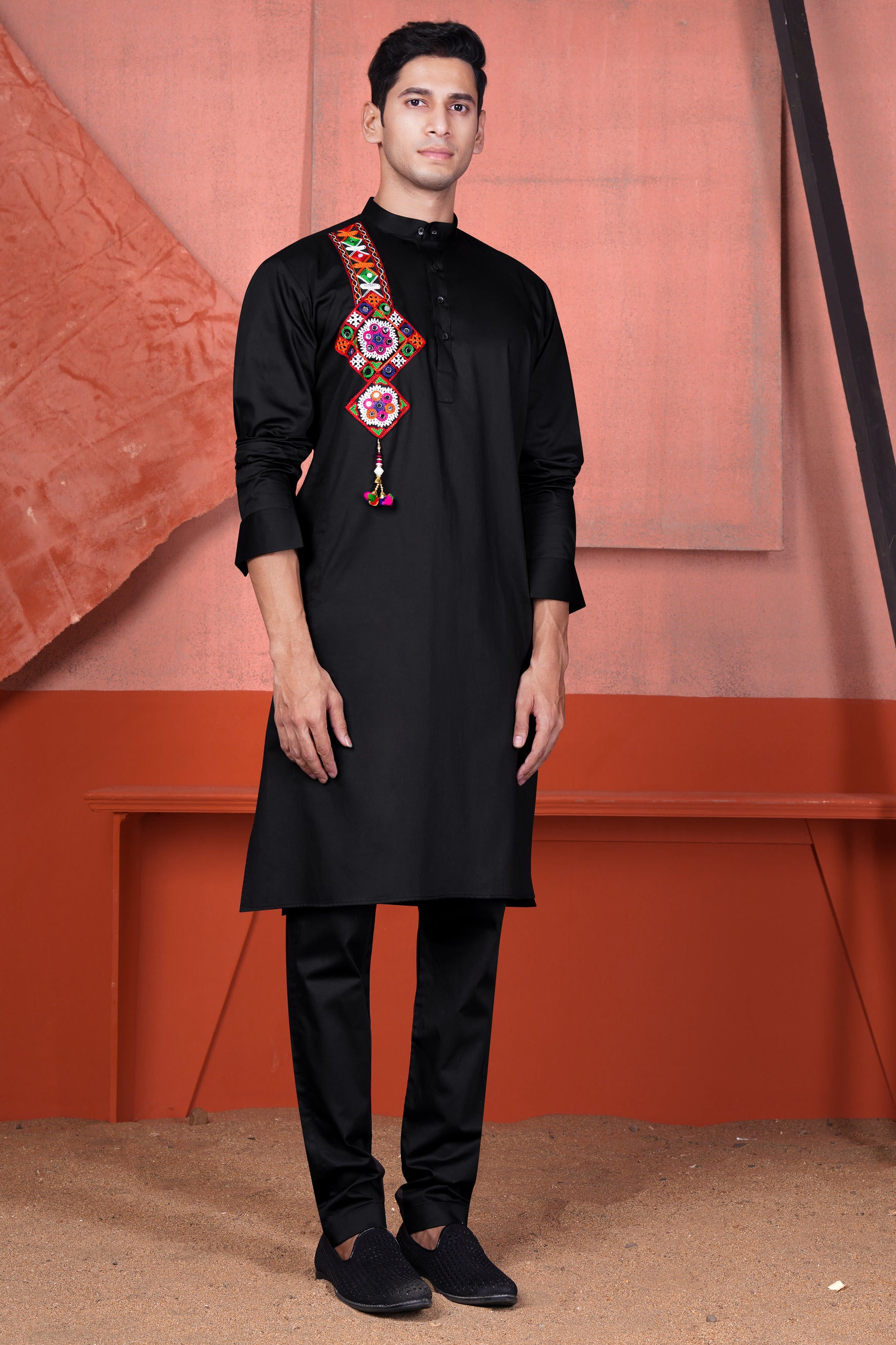 Jade Black Multicolour Kutch Work Patches with Mirror Work Subtle Sheen Super Soft Premium Cotton Designer Kurta Set