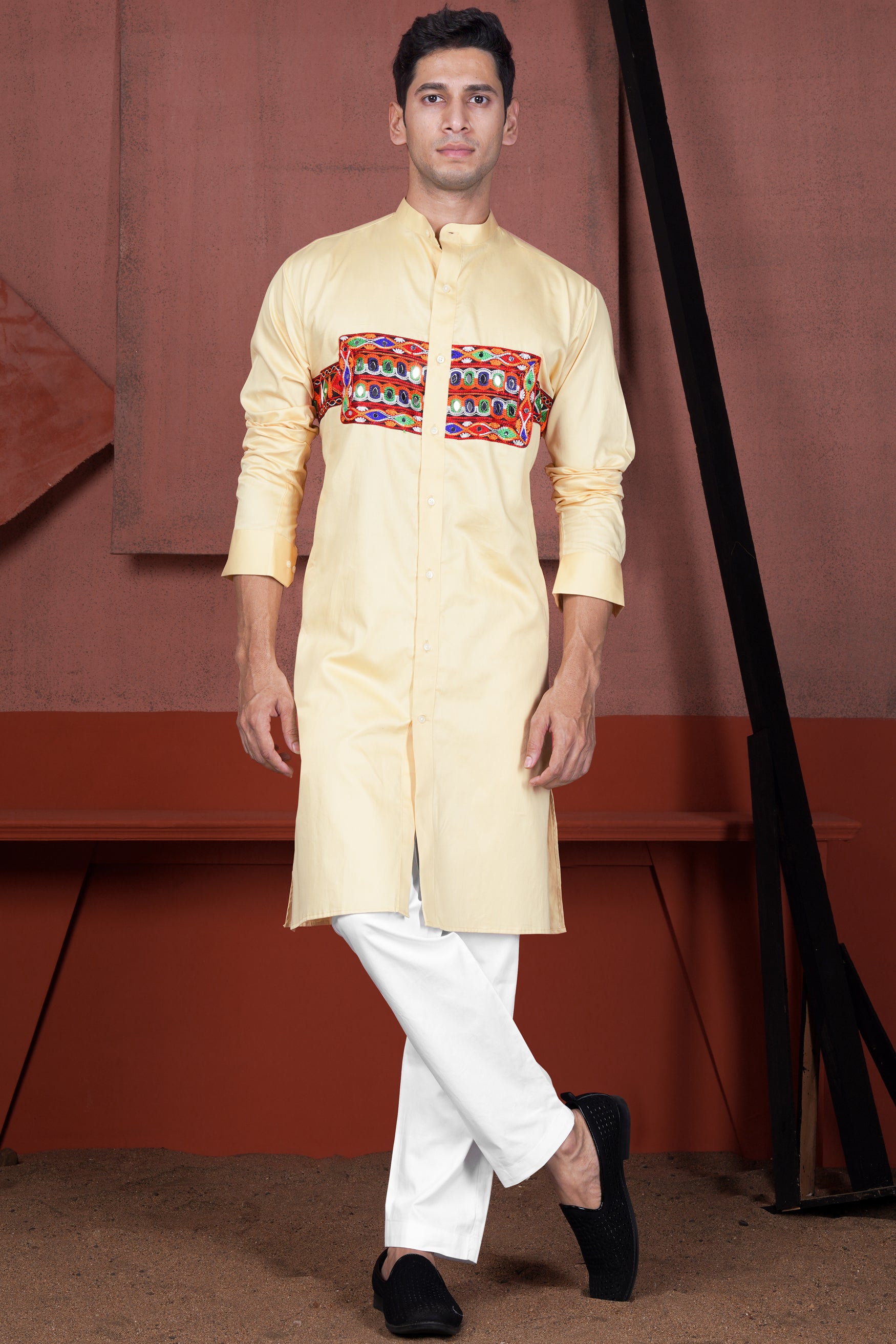 Chamois Beige Horizontal Kutch Work Patches with Mirror Work Subtle Sheen Super Soft Premium Cotton Designer Kurta Set