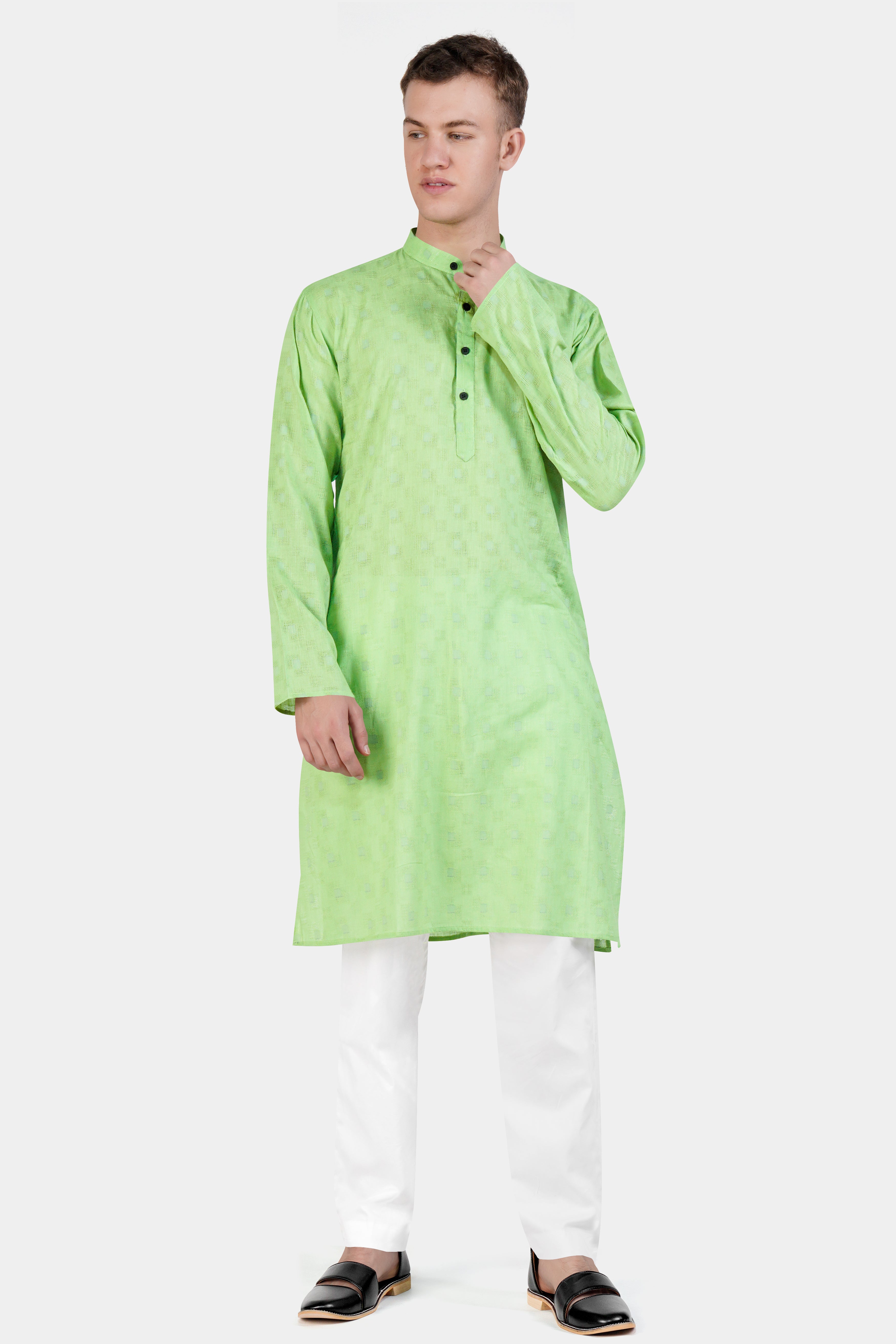 Pixie Green Geometric Dobby Textured Premium Giza Cotton Kurta Set