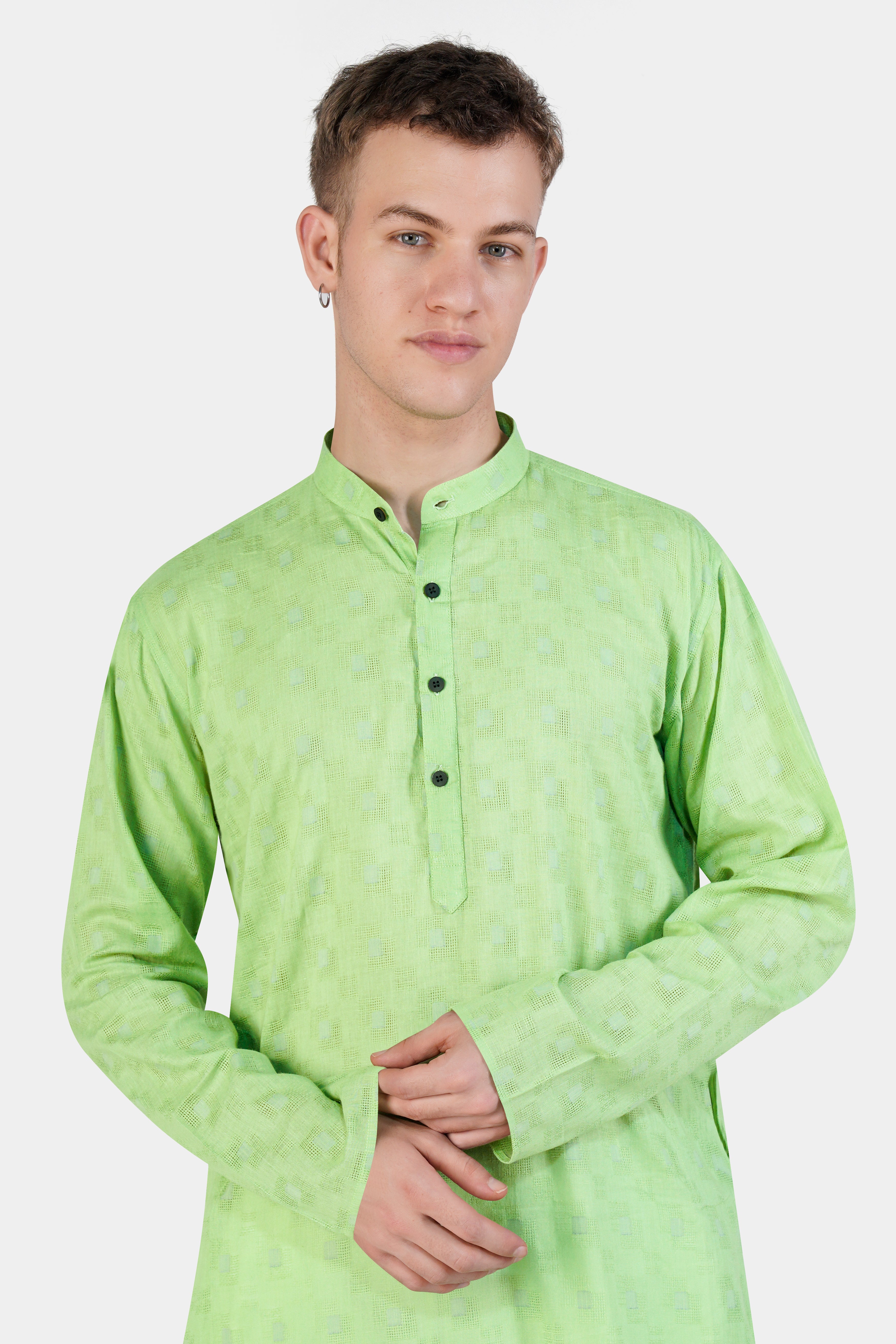 Pixie Green Geometric Dobby Textured Premium Giza Cotton Kurta Set