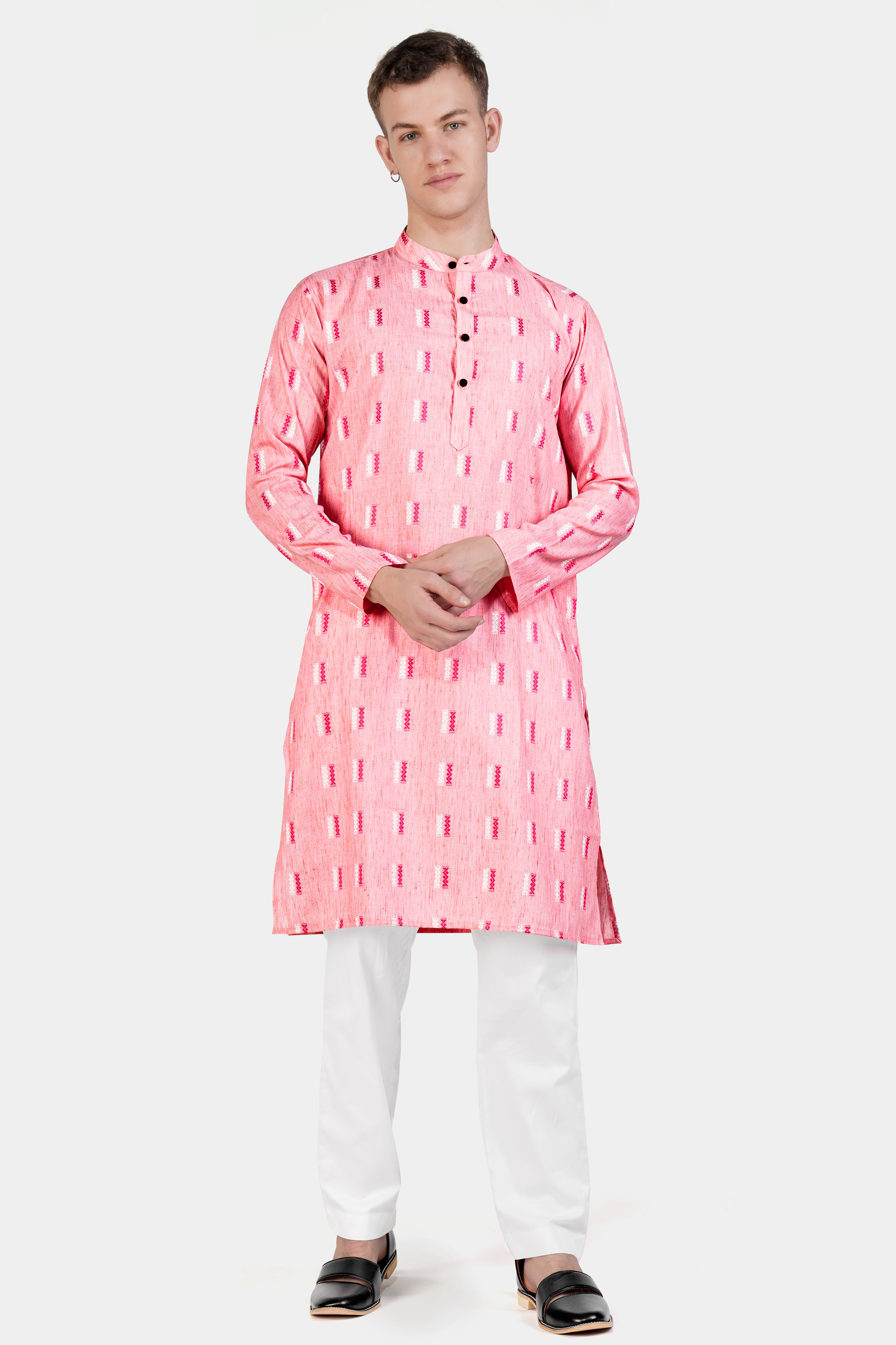 Light Rose Pink Zig-zag Textured Jacquard Premium Giza Cotton Kurta Set