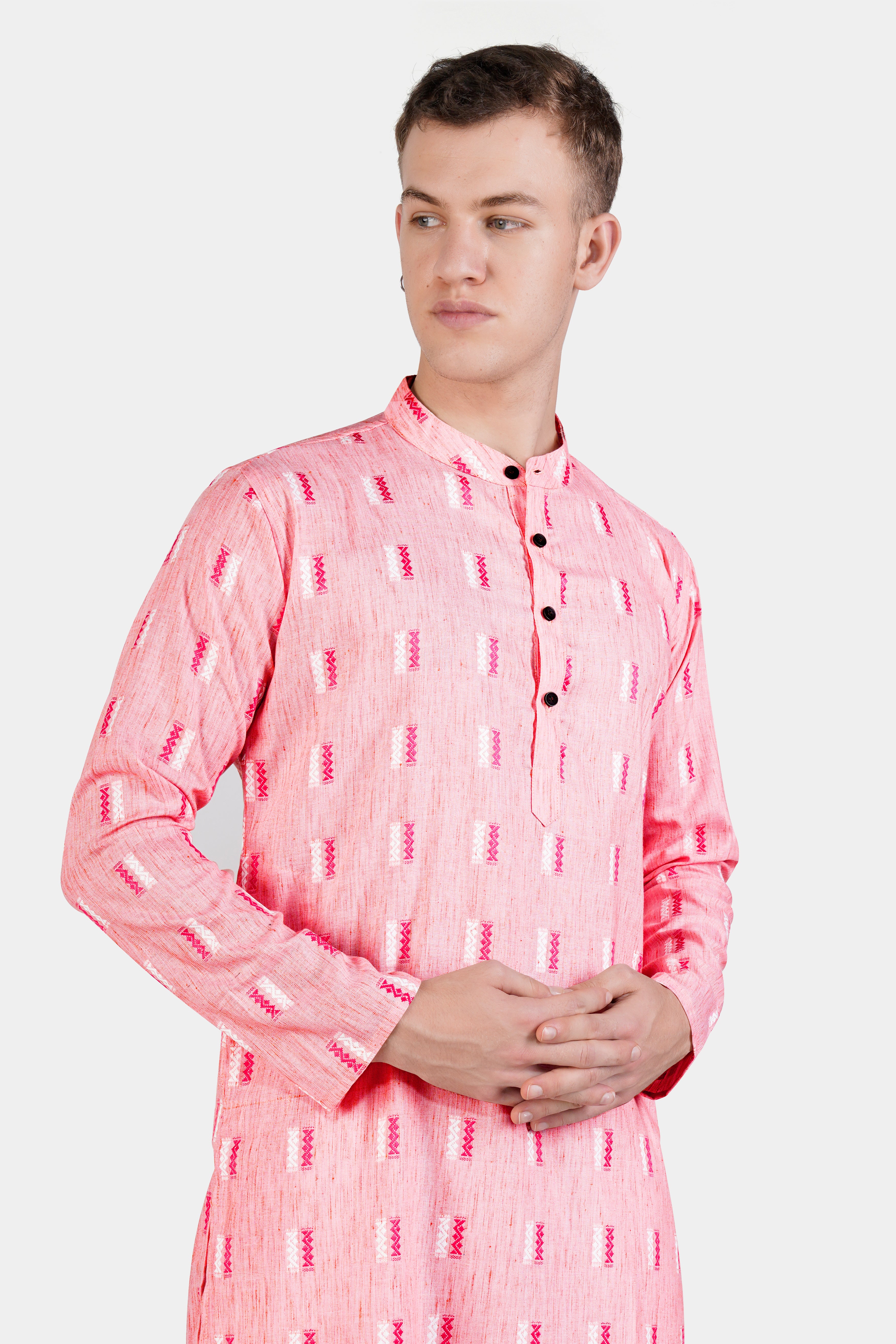 Light Rose Pink Zig-zag Textured Jacquard Premium Giza Cotton Kurta Set