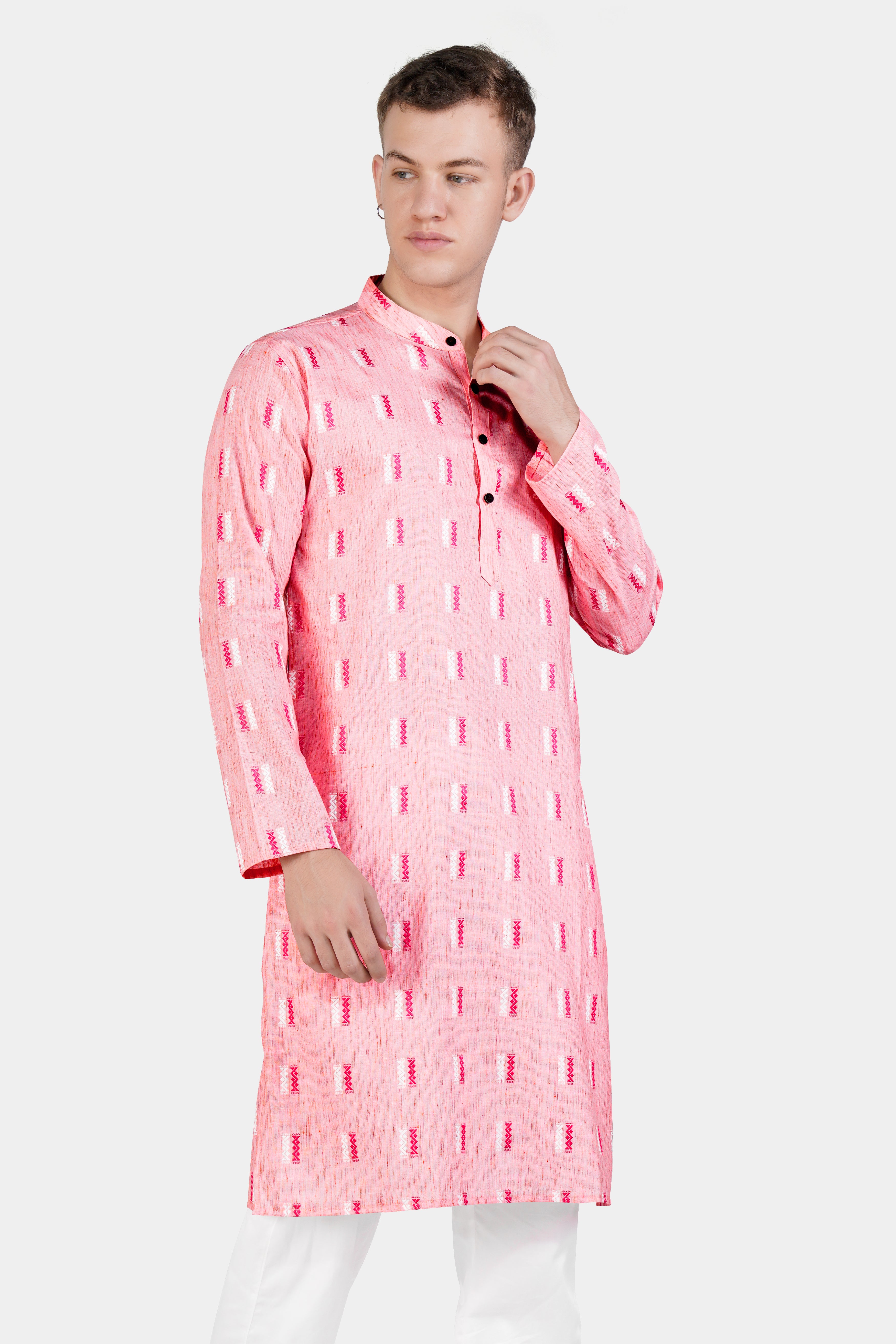 Light Rose Pink Zig-zag Textured Jacquard Premium Giza Cotton Kurta Set