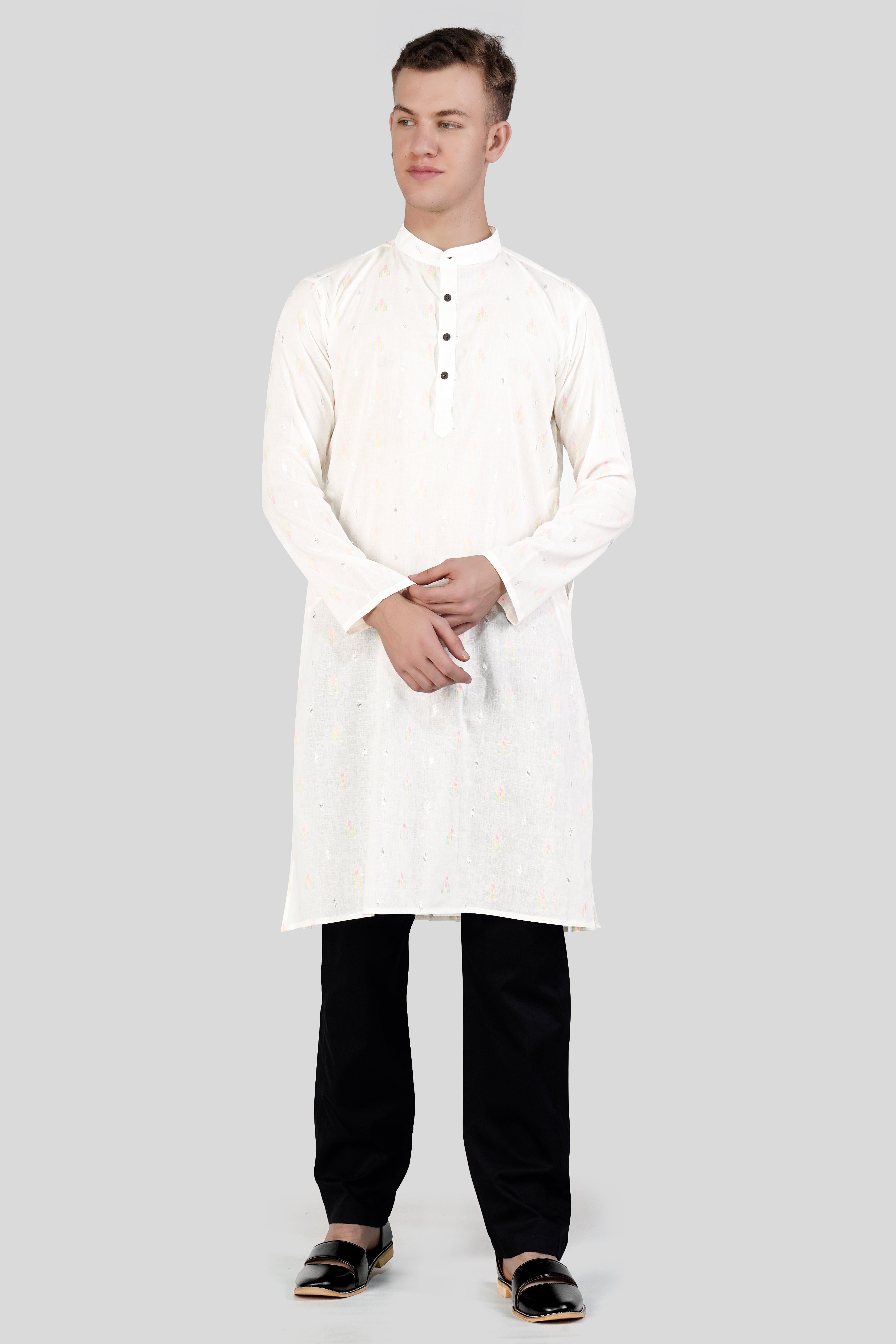 Off White colorful and silver Jacquard Textured Premium Giza Cotton Kurta Set