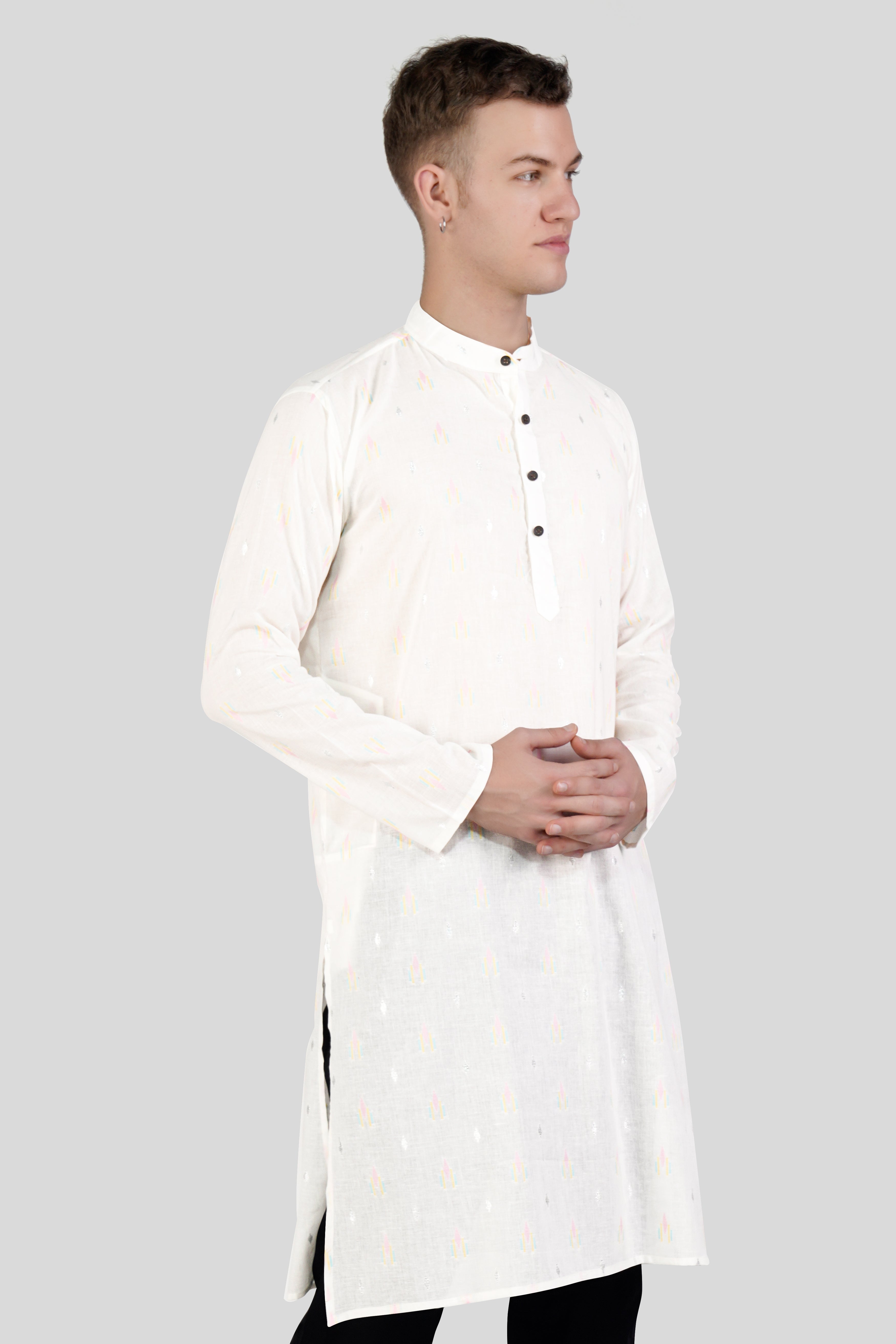 Off White colorful and silver Jacquard Textured Premium Giza Cotton Kurta Set