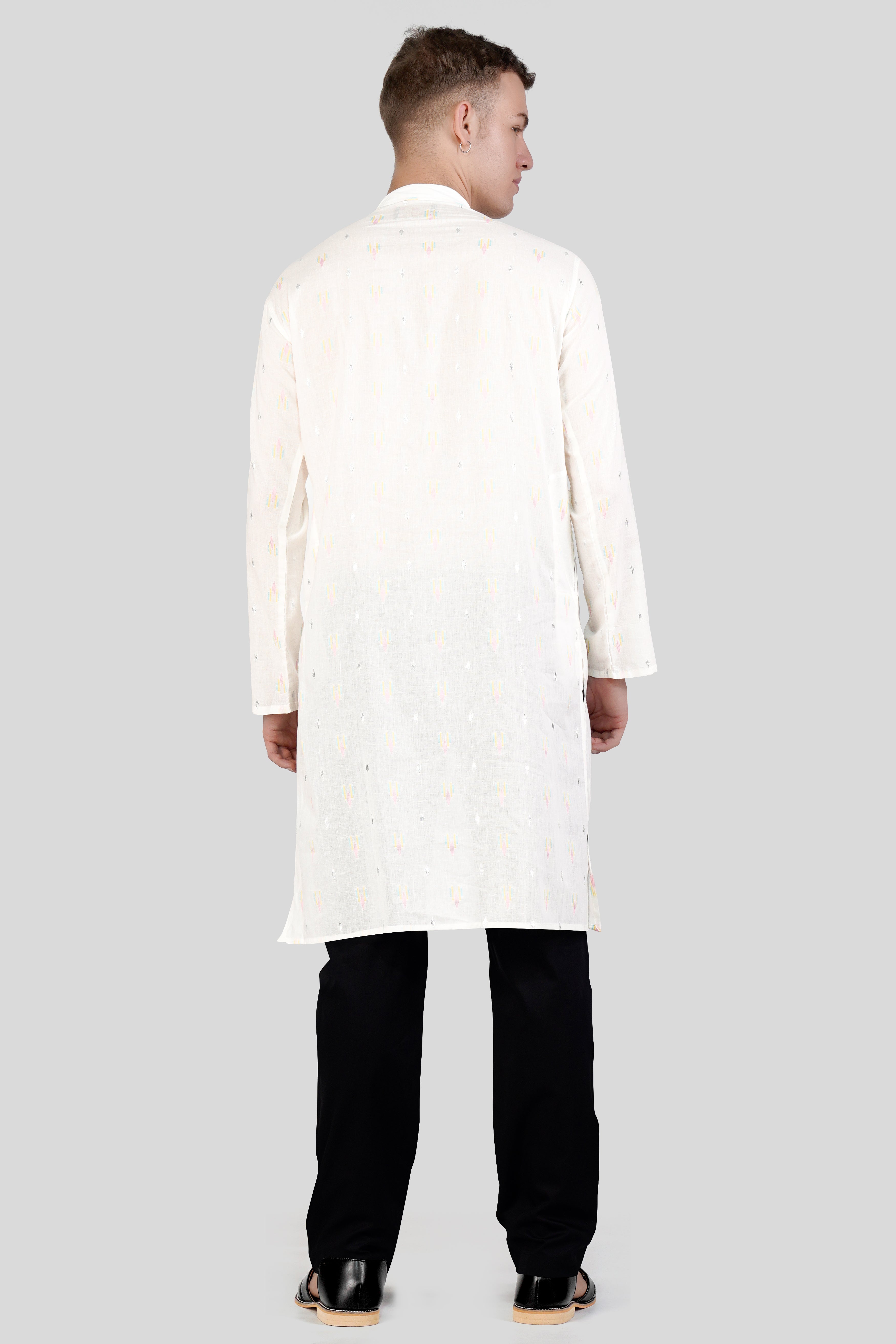 Off White colorful and silver Jacquard Textured Premium Giza Cotton Kurta Set