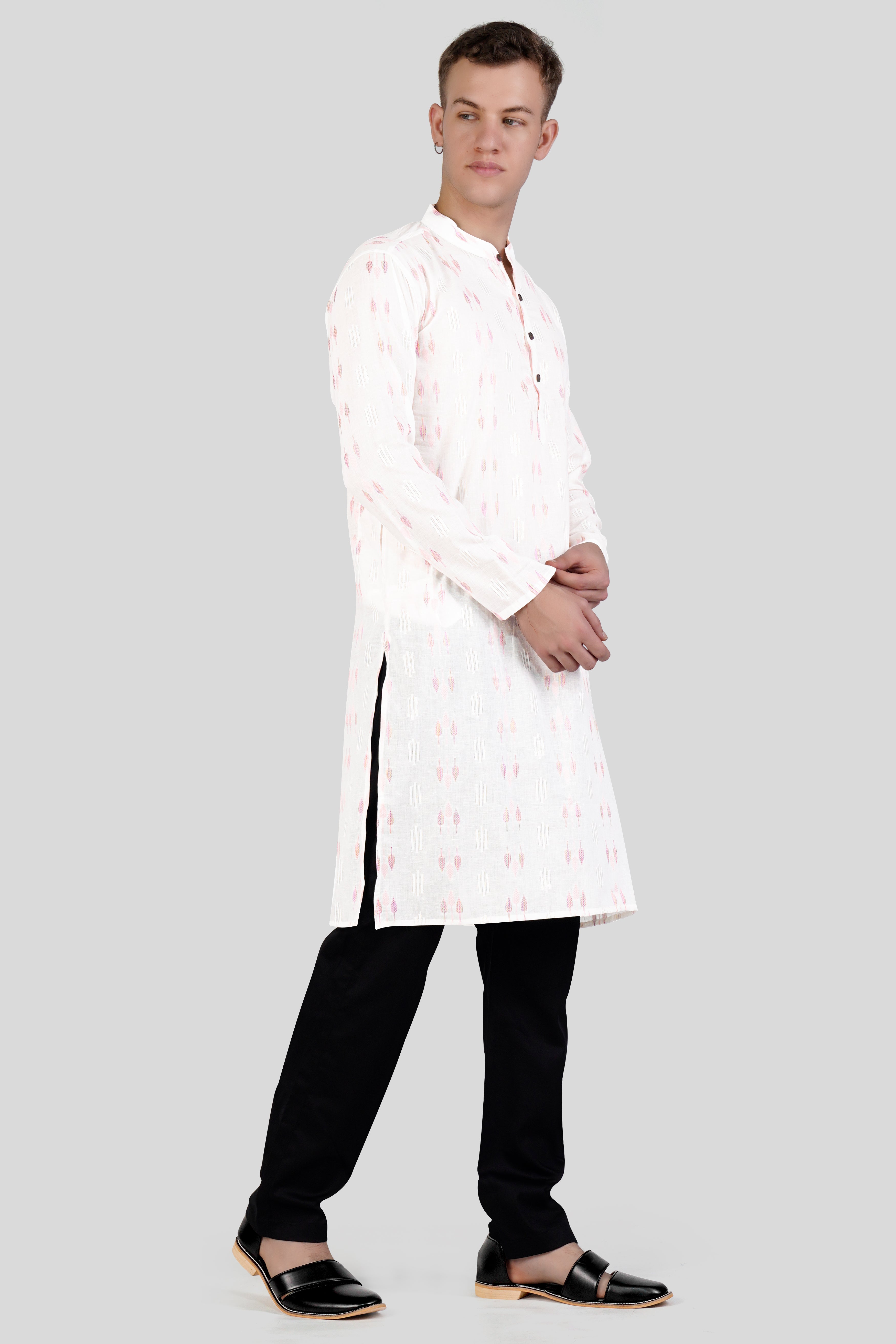 Cosmos Pink Leaves Textured Jacquard Premium Giza Cotton Kurta Set