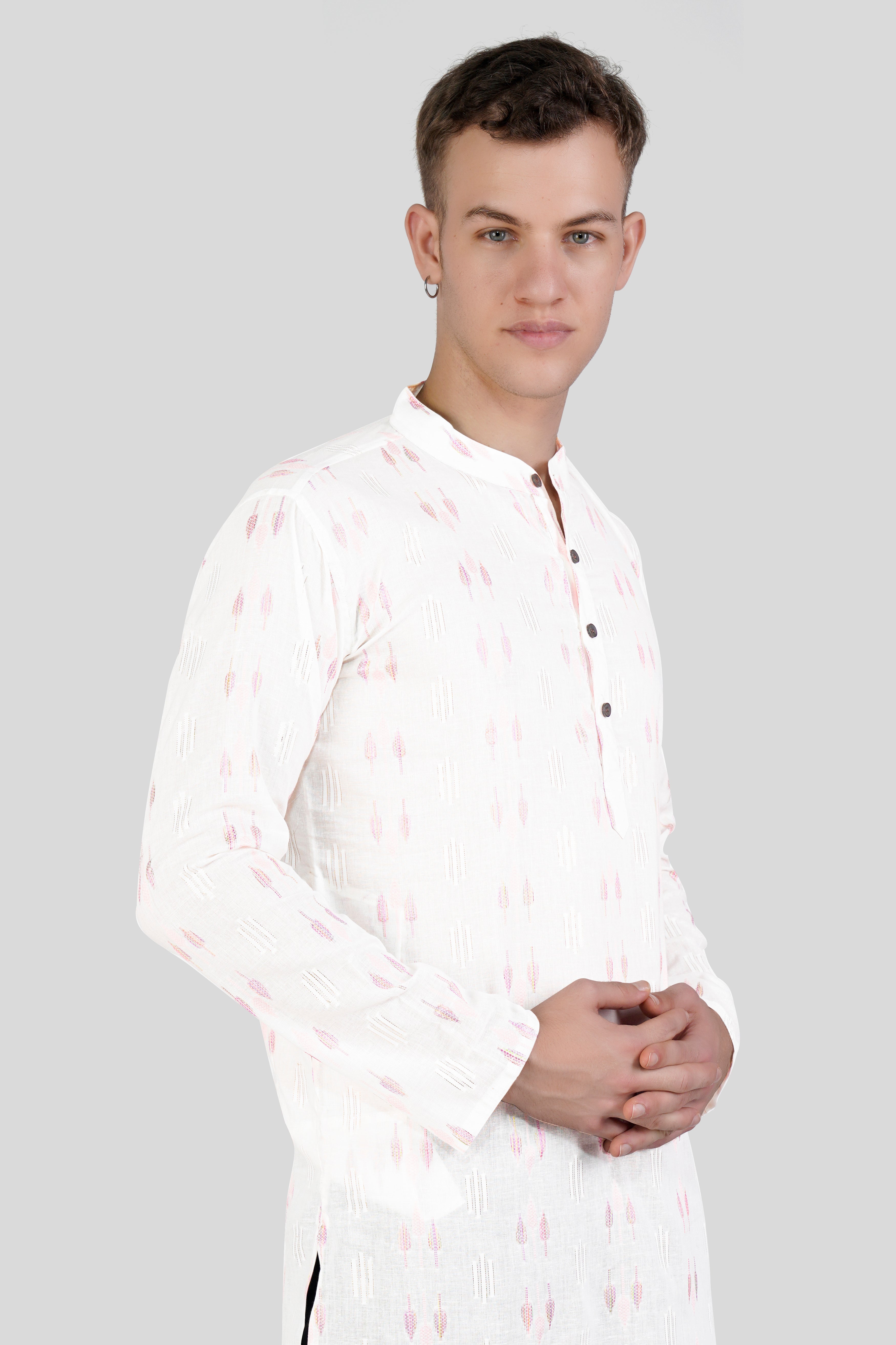 Cosmos Pink Leaves Textured Jacquard Premium Giza Cotton Kurta Set