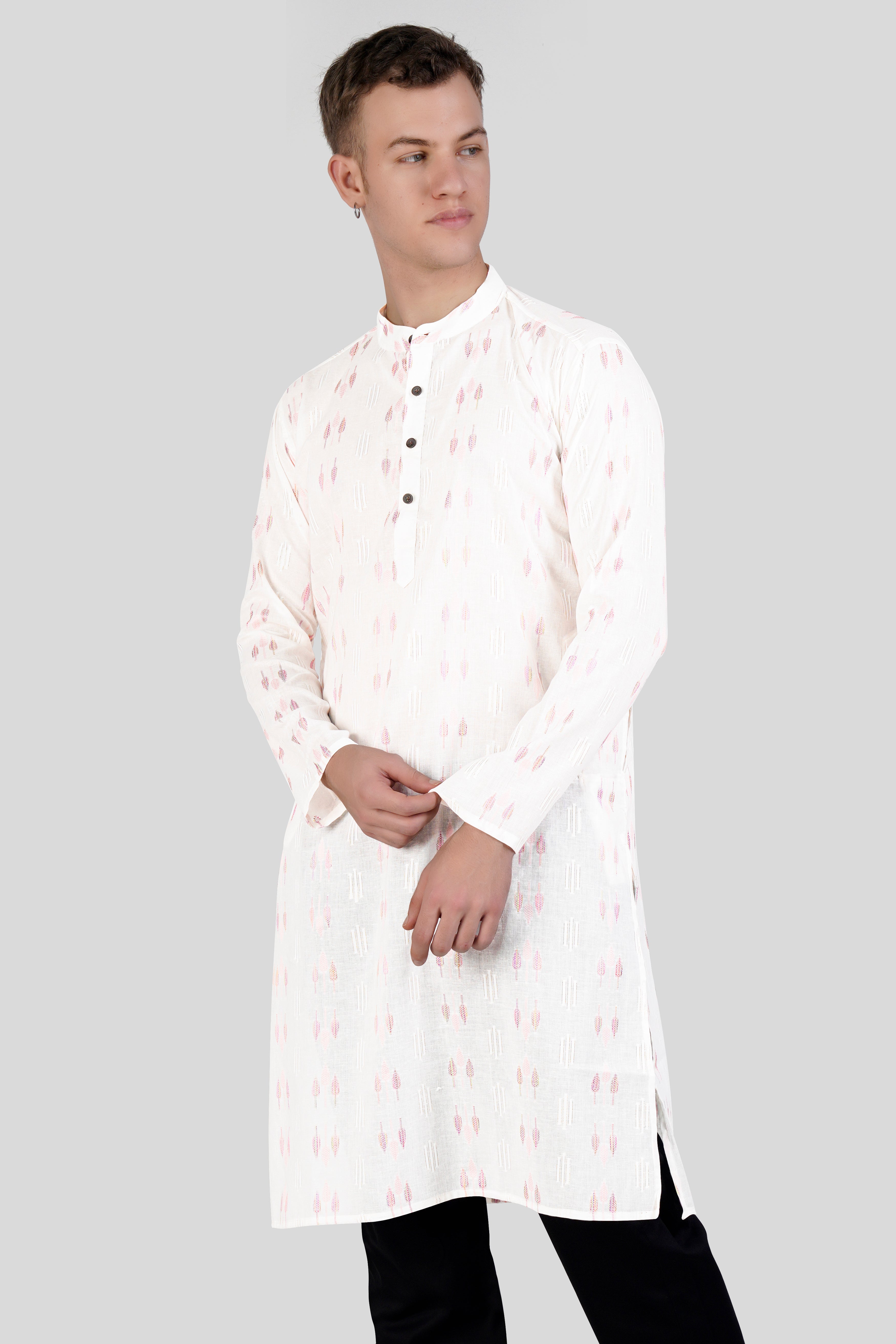 Cosmos Pink Leaves Textured Jacquard Premium Giza Cotton Kurta Set