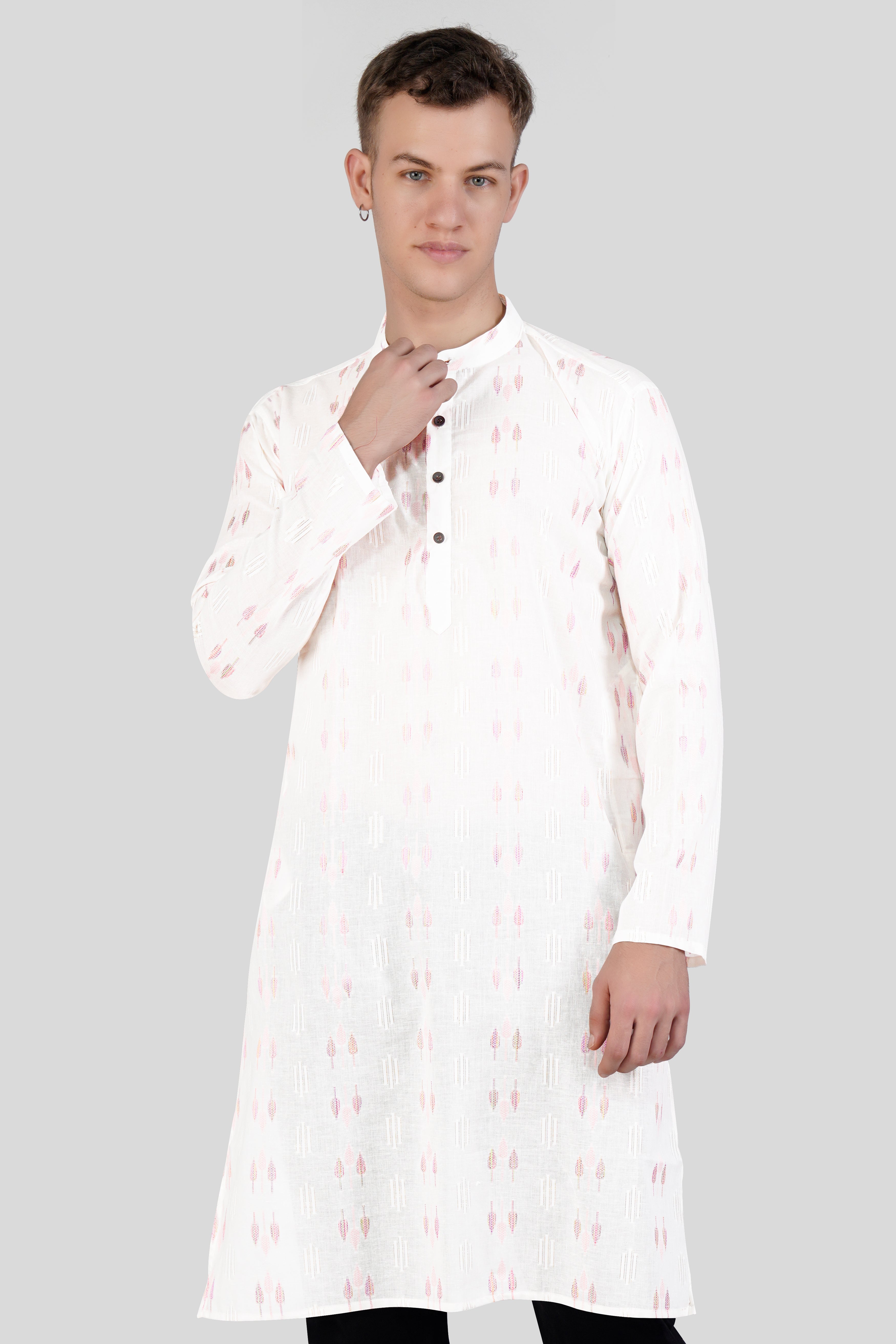 Cosmos Pink Leaves Textured Jacquard Premium Giza Cotton Kurta Set