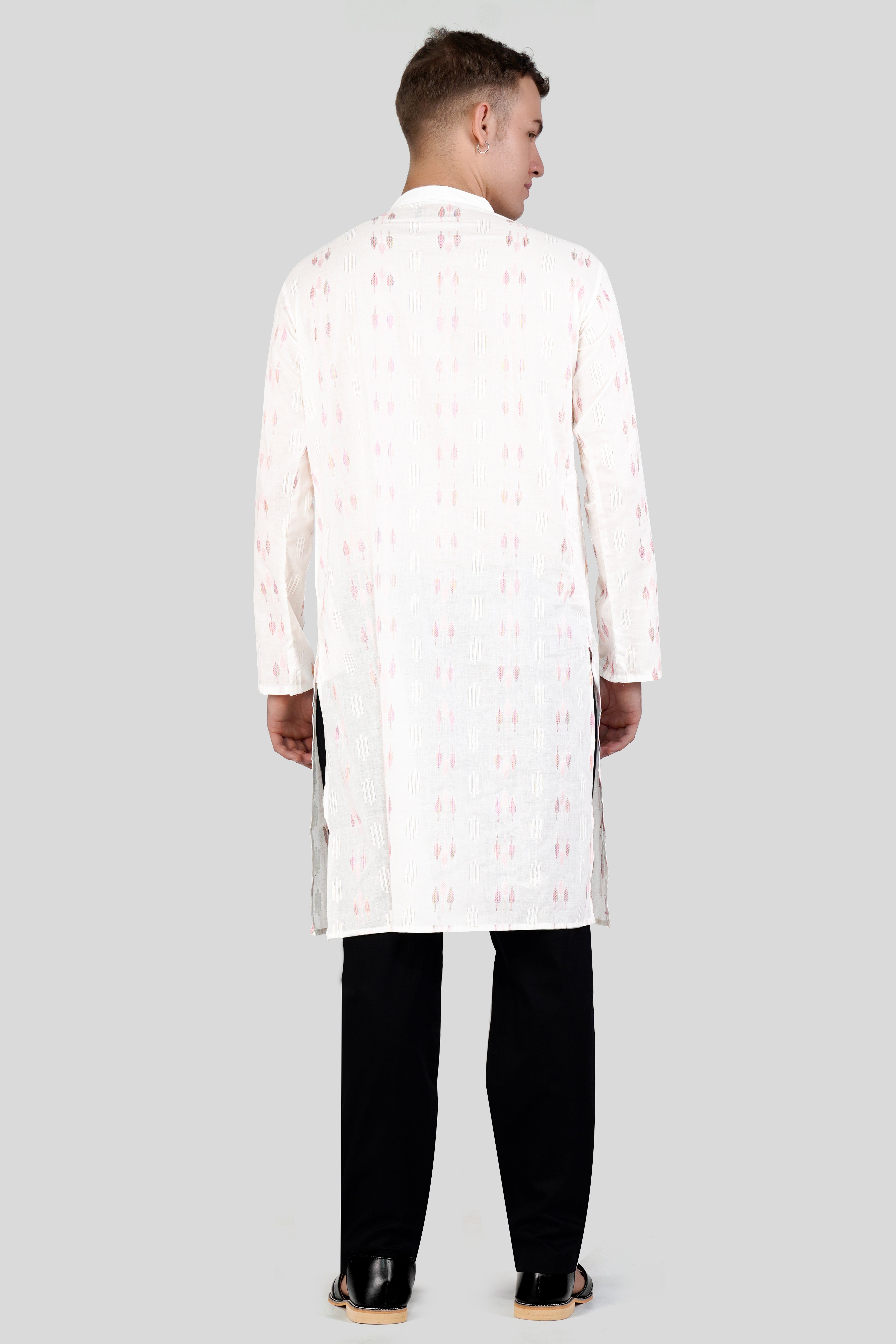 Cosmos Pink Leaves Textured Jacquard Premium Giza Cotton Kurta Set