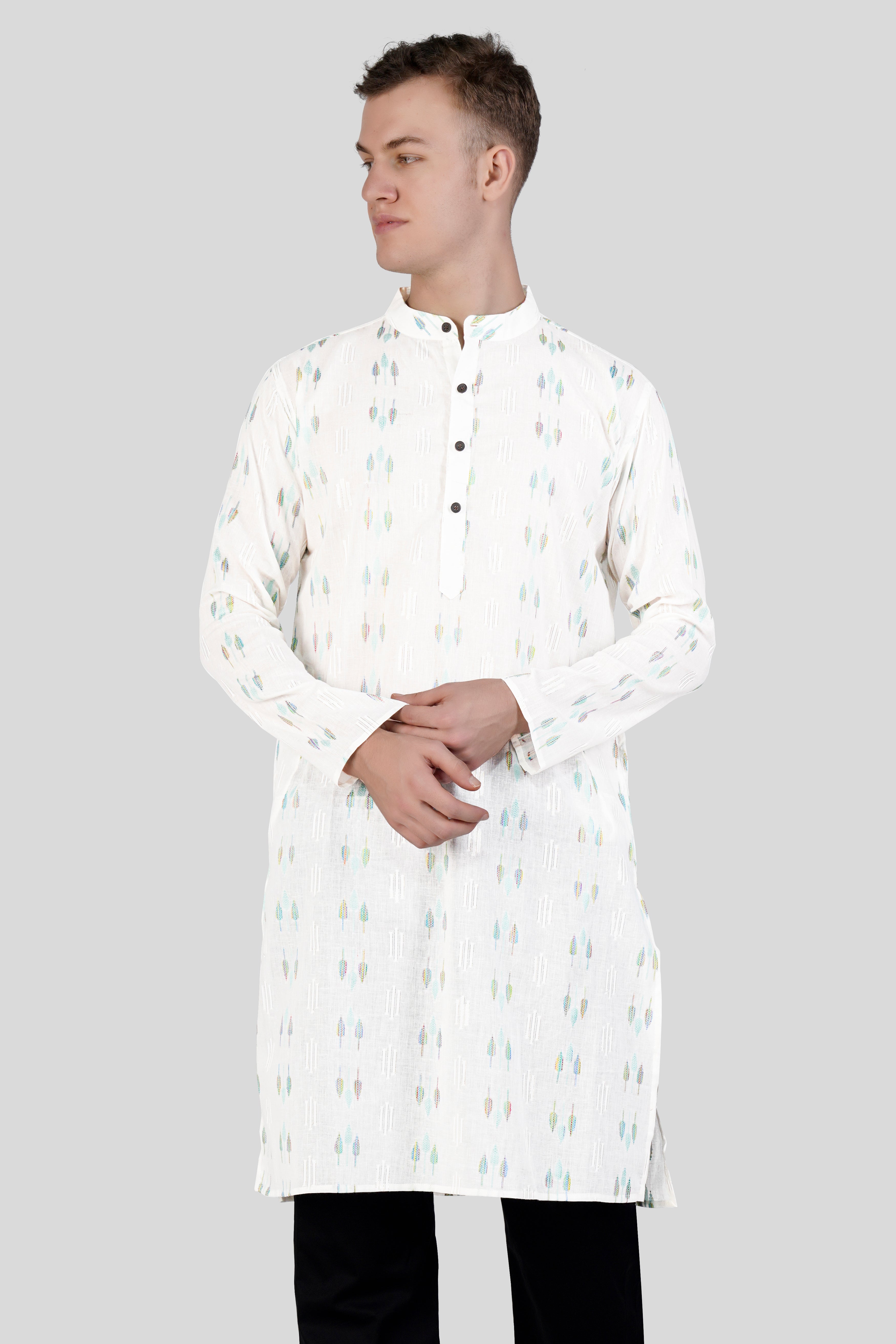 Bright White with colorful Leaves Jacquard Textured Premium Giza Cotton Kurta Set