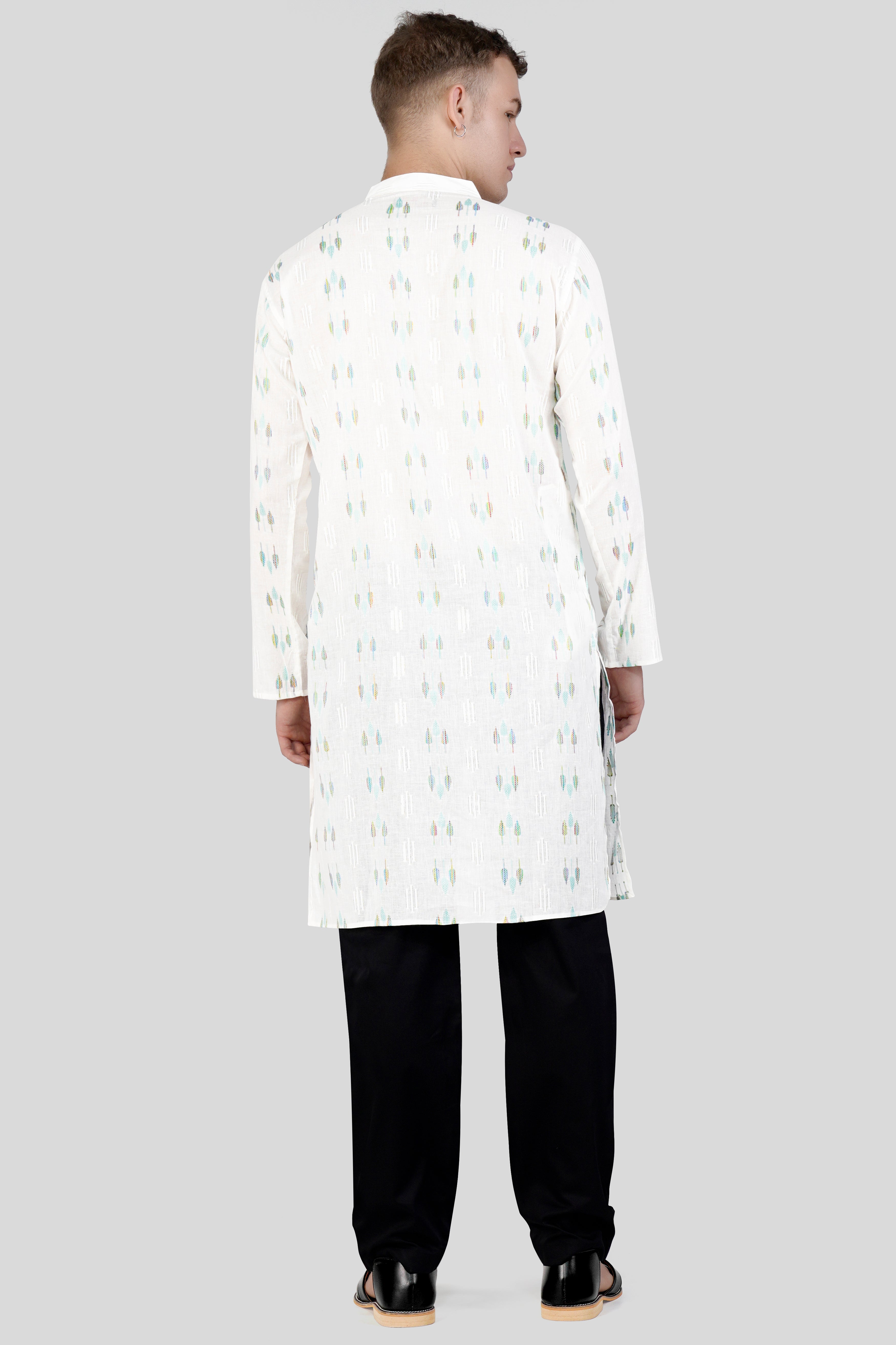 Bright White with colorful Leaves Jacquard Textured Premium Giza Cotton Kurta Set