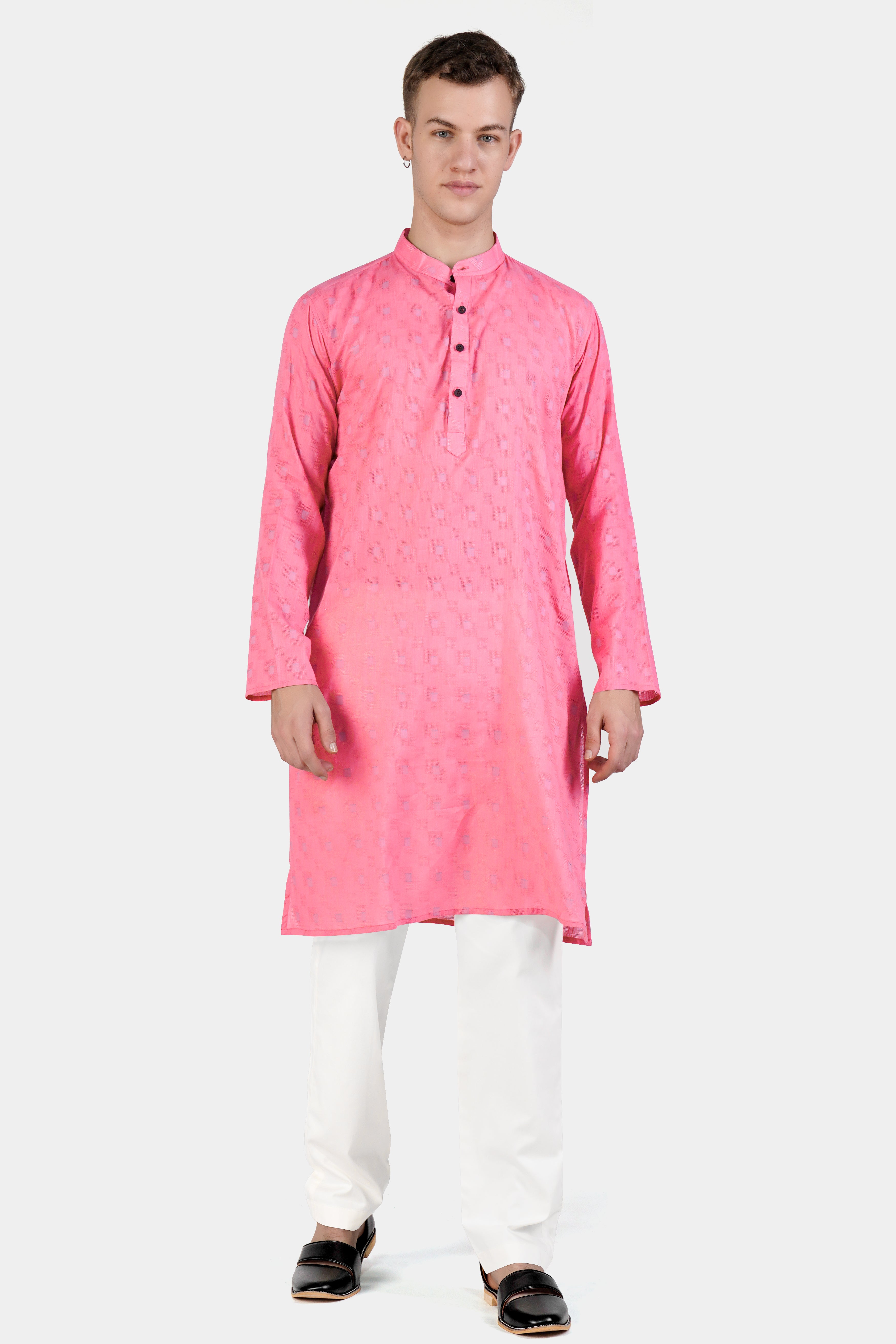 Flamingo Pink Geometric Dobby Textured Premium Giza Cotton Kurta Set