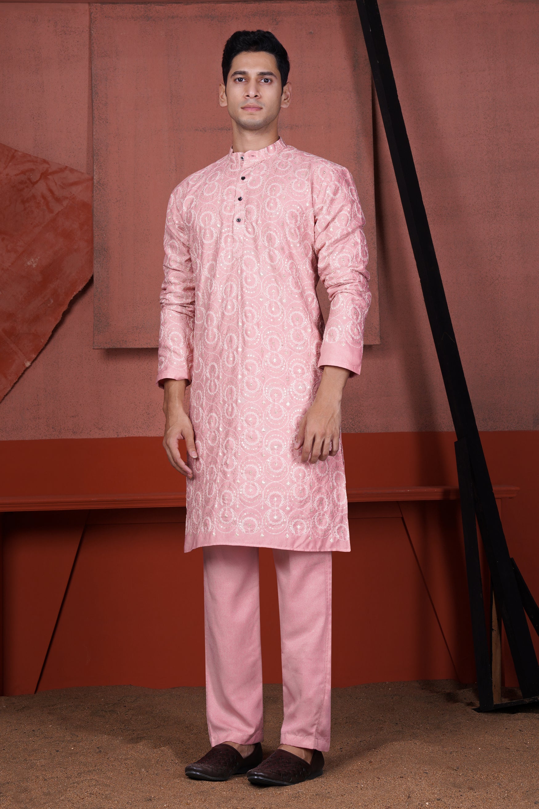 Careys Pink Circular Cotton Thread Embroidered Viscose Designer Kurta Set