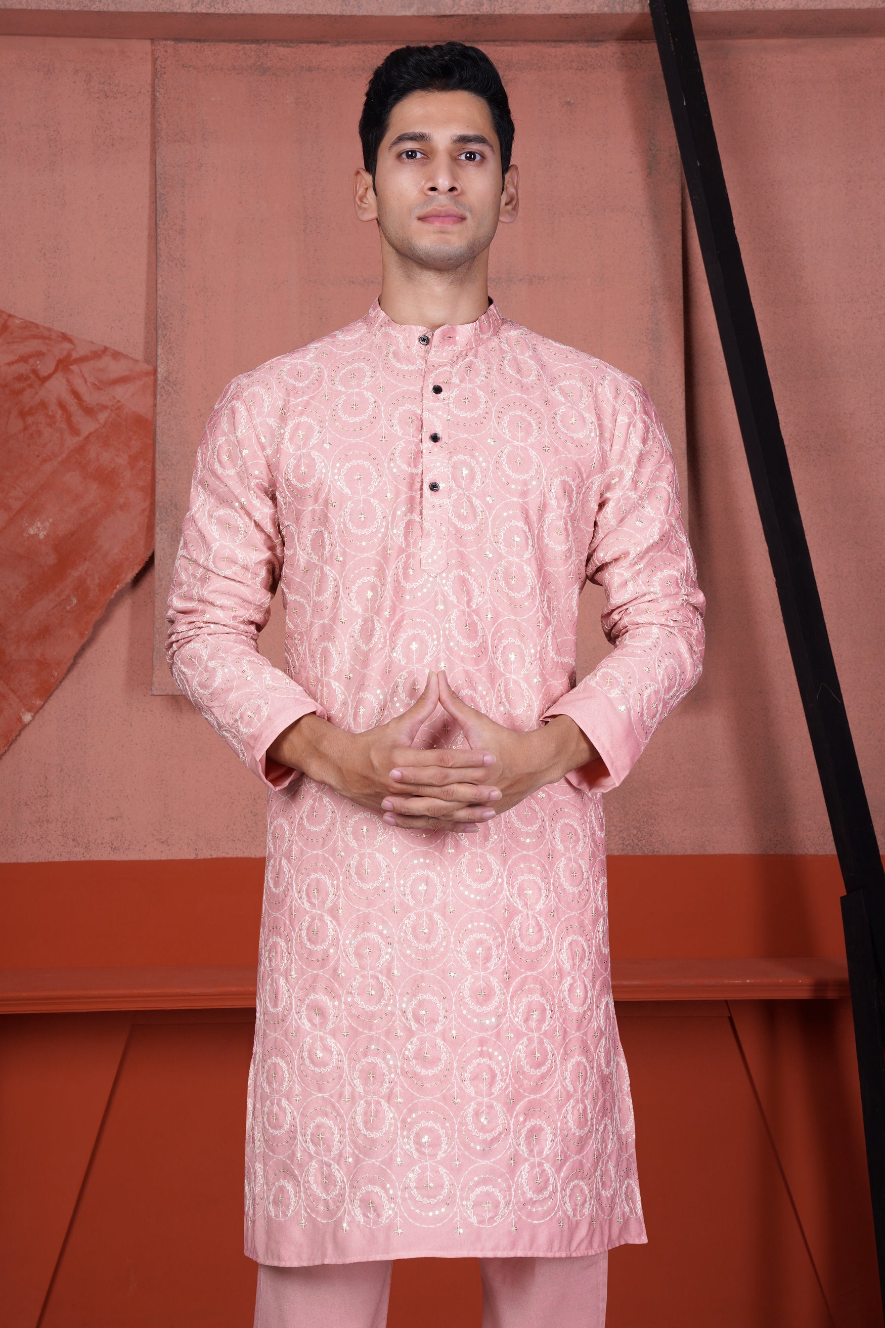 Careys Pink Circular Cotton Thread Embroidered Viscose Designer Kurta Set