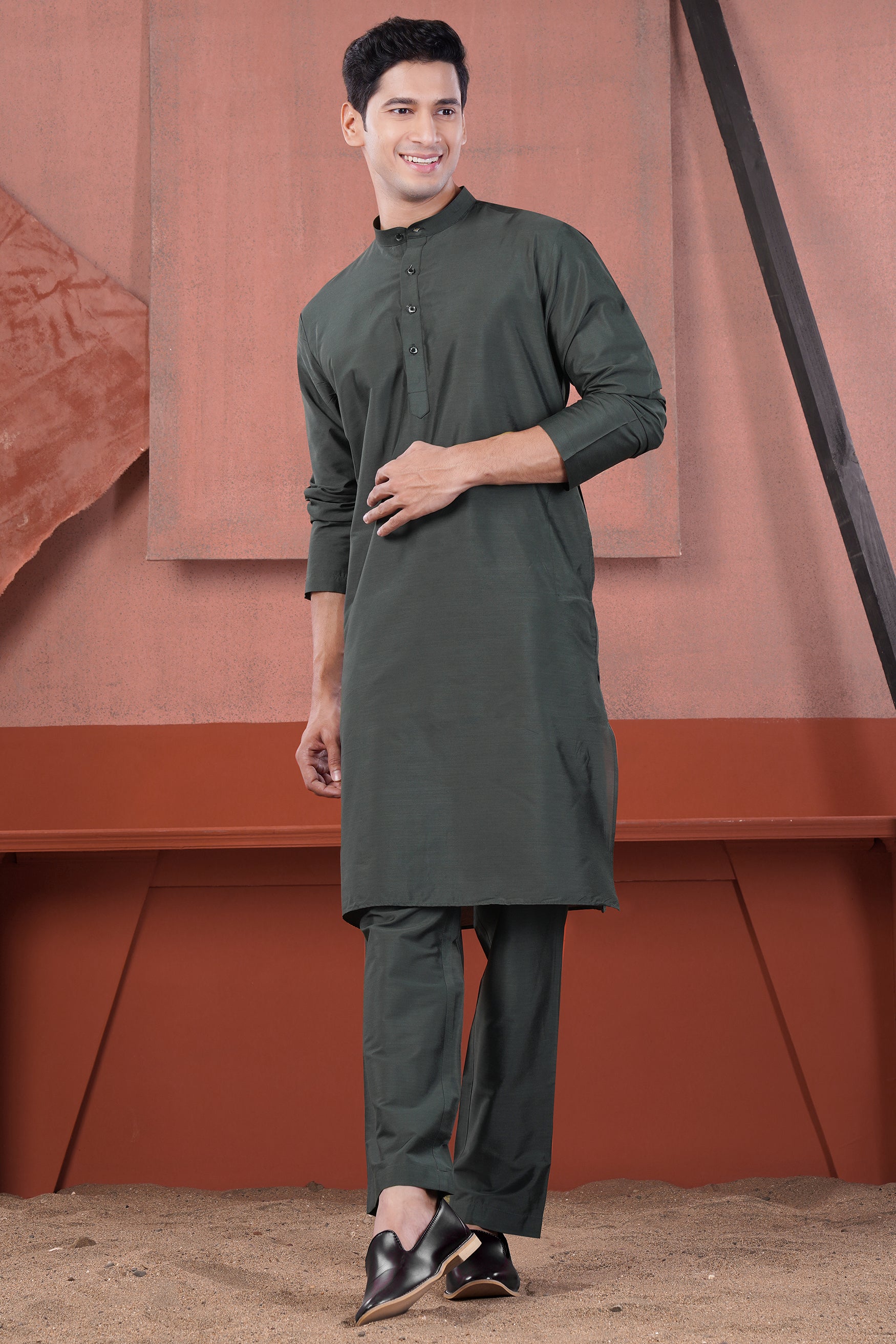 Gravel Green Subtle Sheen Viscose Kurta Set