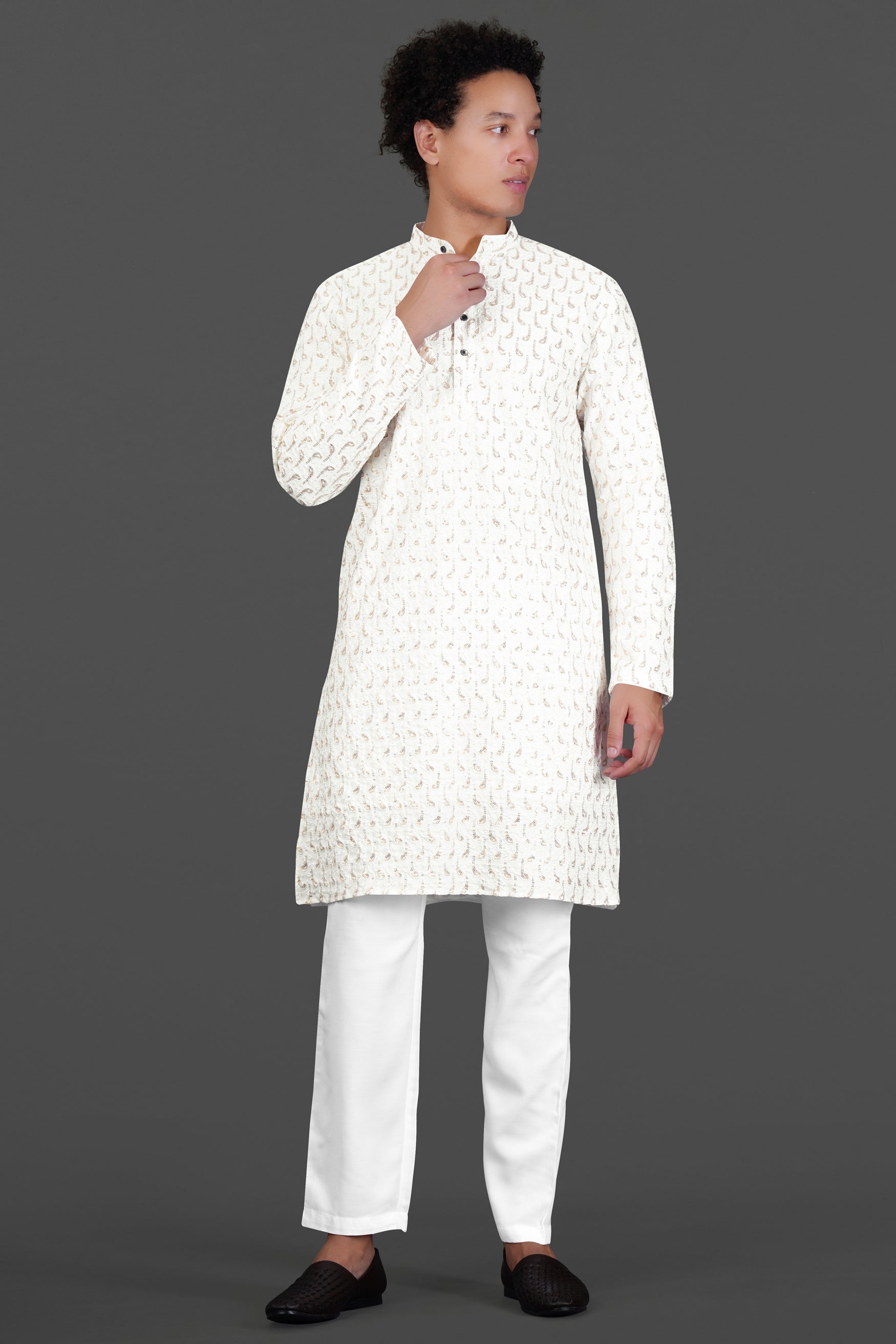 Bright White Leaves Pattern Sequin Embroidered Subtle Sheen Viscose Designer Kurta Set