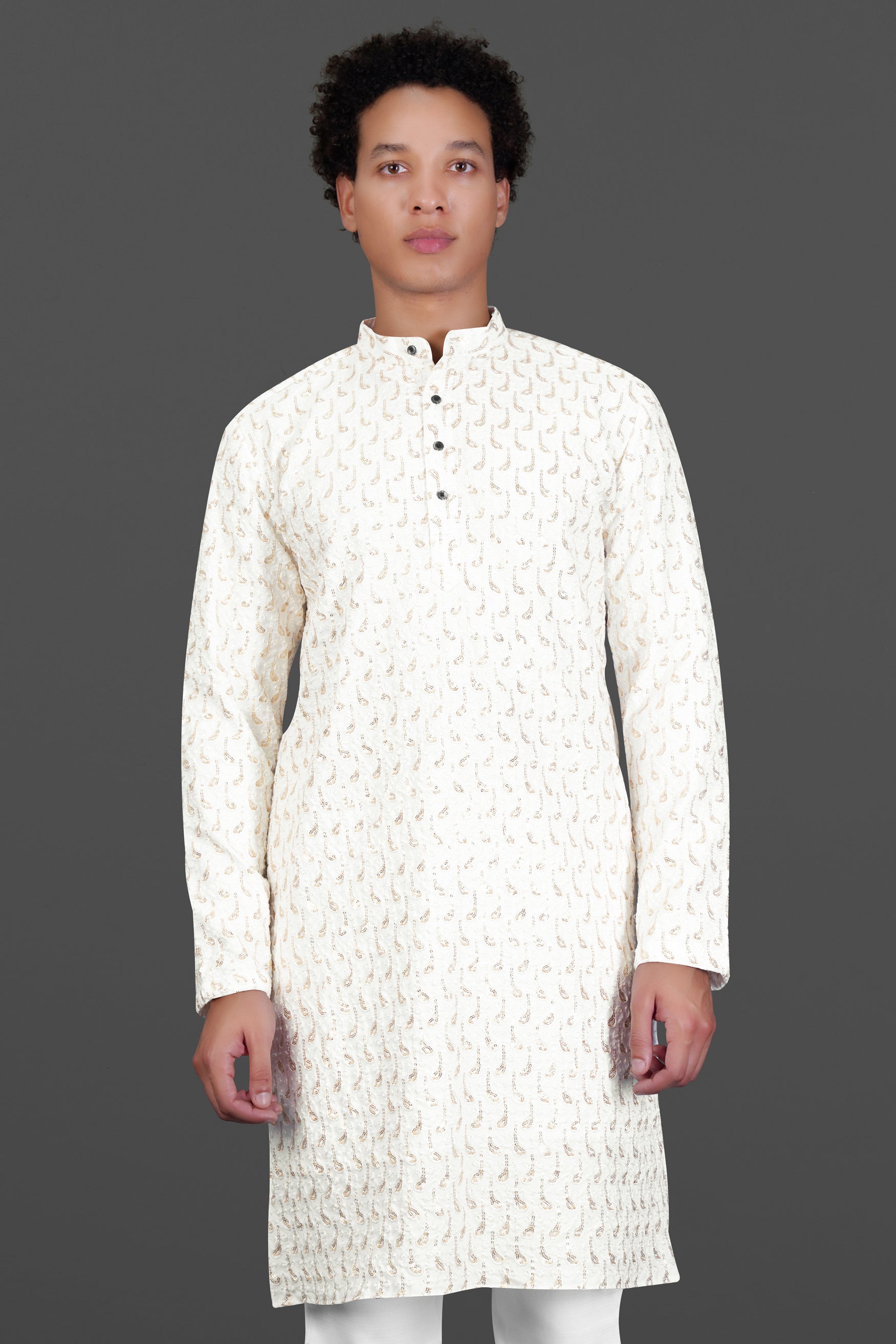 Bright White Leaves Pattern Sequin Embroidered Subtle Sheen Viscose Designer Kurta Set
