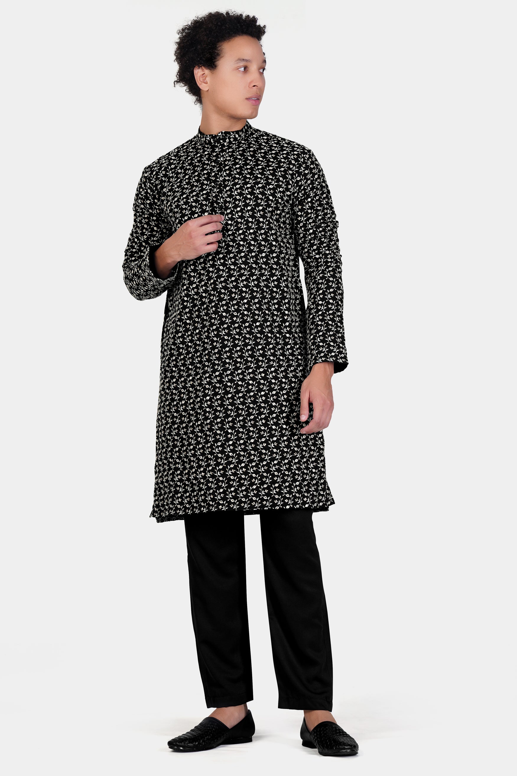 Jade Black Ditsy Pattern Thread and Sequin Embroidered Subtle Sheen Viscose Designer Kurta Set