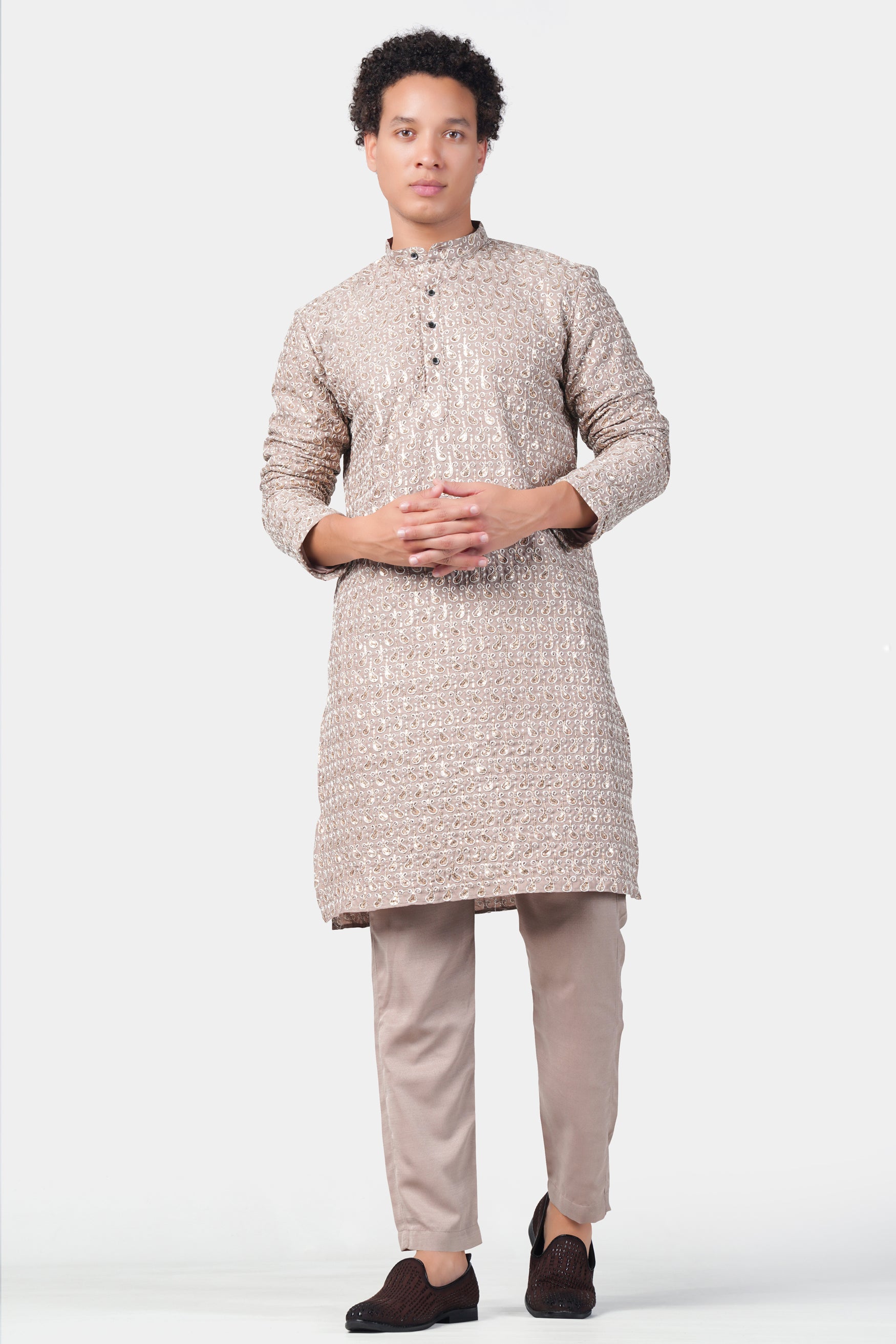 Foggy Brown Paisley Pattern Thread and Sequin Embroidered Subtle Sheen Viscose Designer Kurta Set