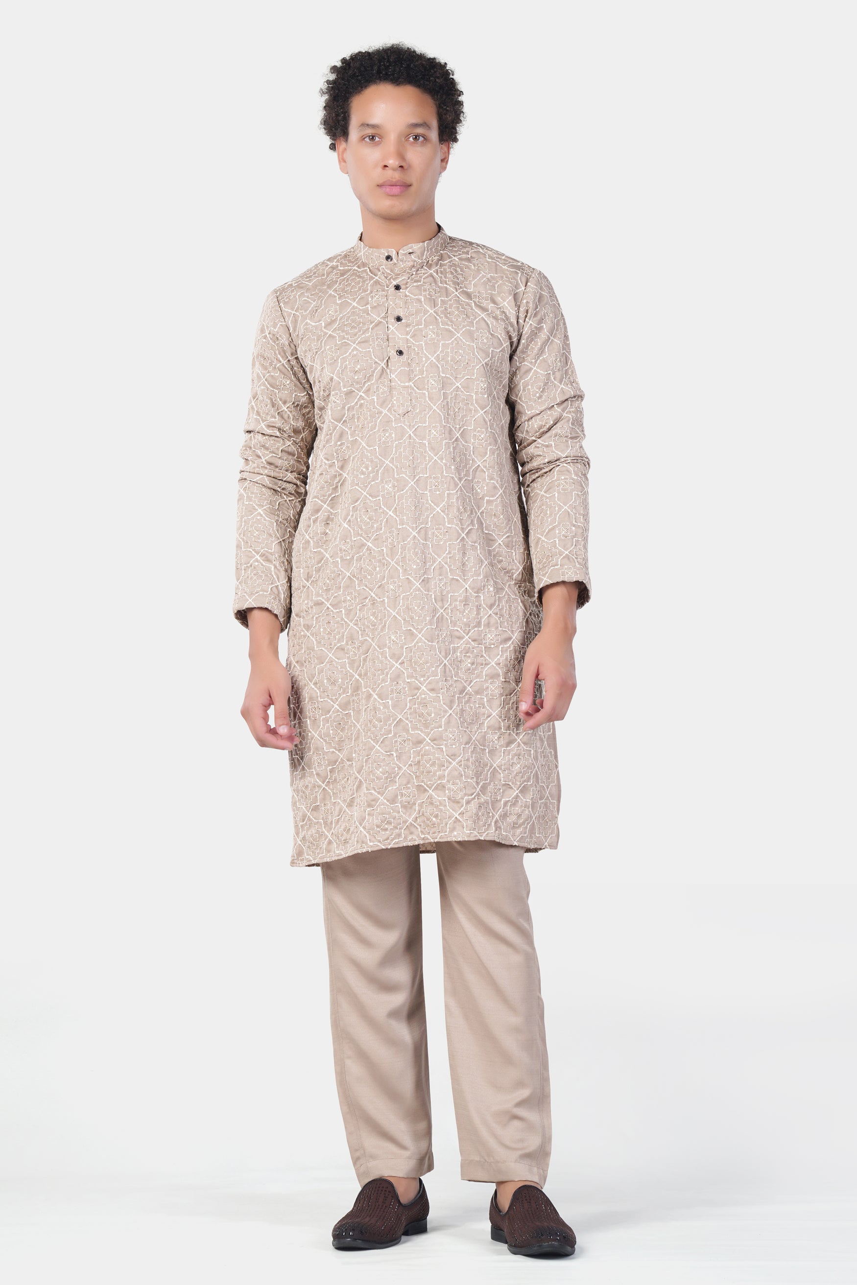 Chalice Brown and White Trellis Pattern Thread and Sequin Embroidered Subtle Sheen Viscose Designer Kurta Set