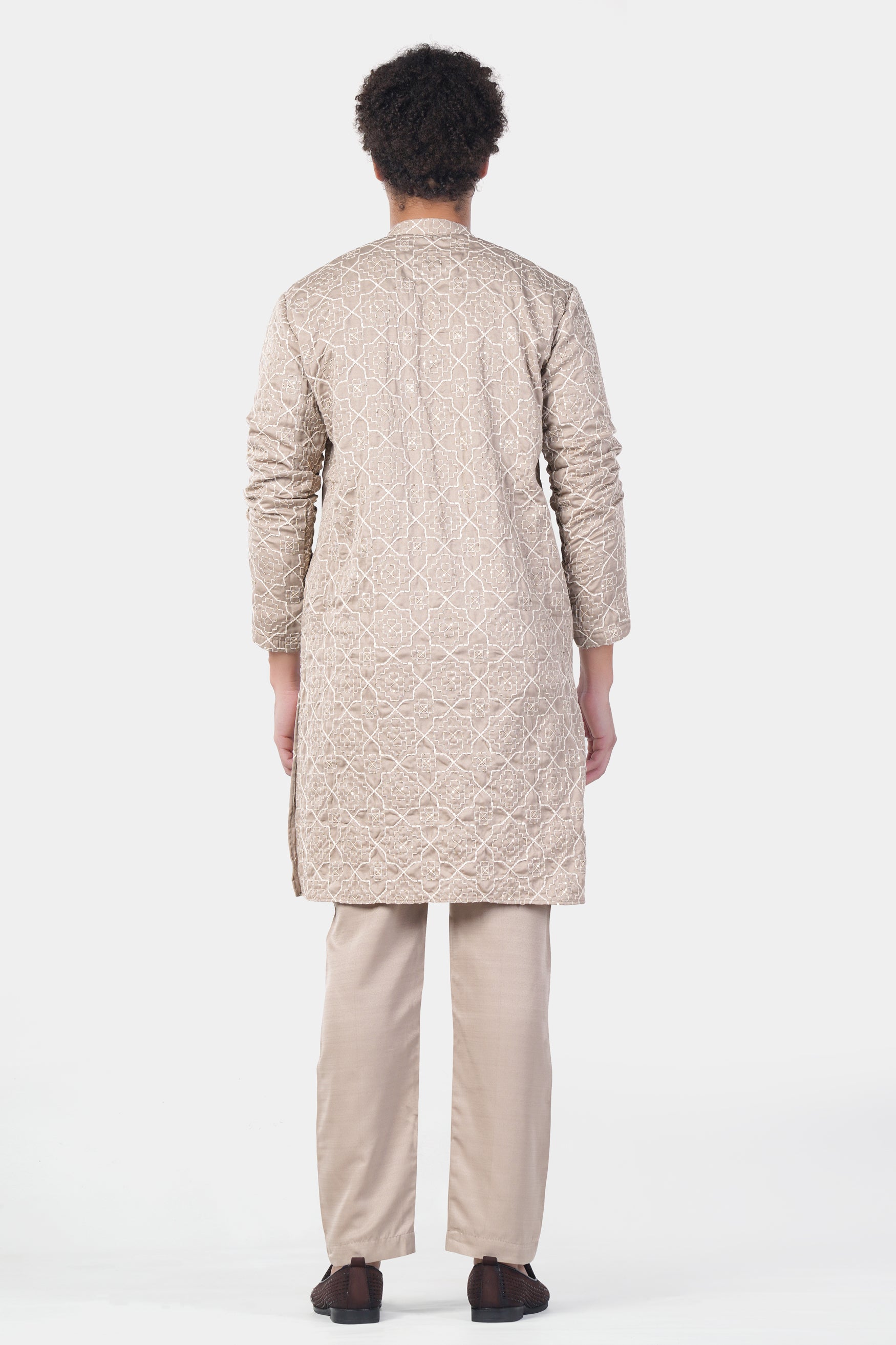 Chalice Brown and White Trellis Pattern Thread and Sequin Embroidered Subtle Sheen Viscose Designer Kurta Set