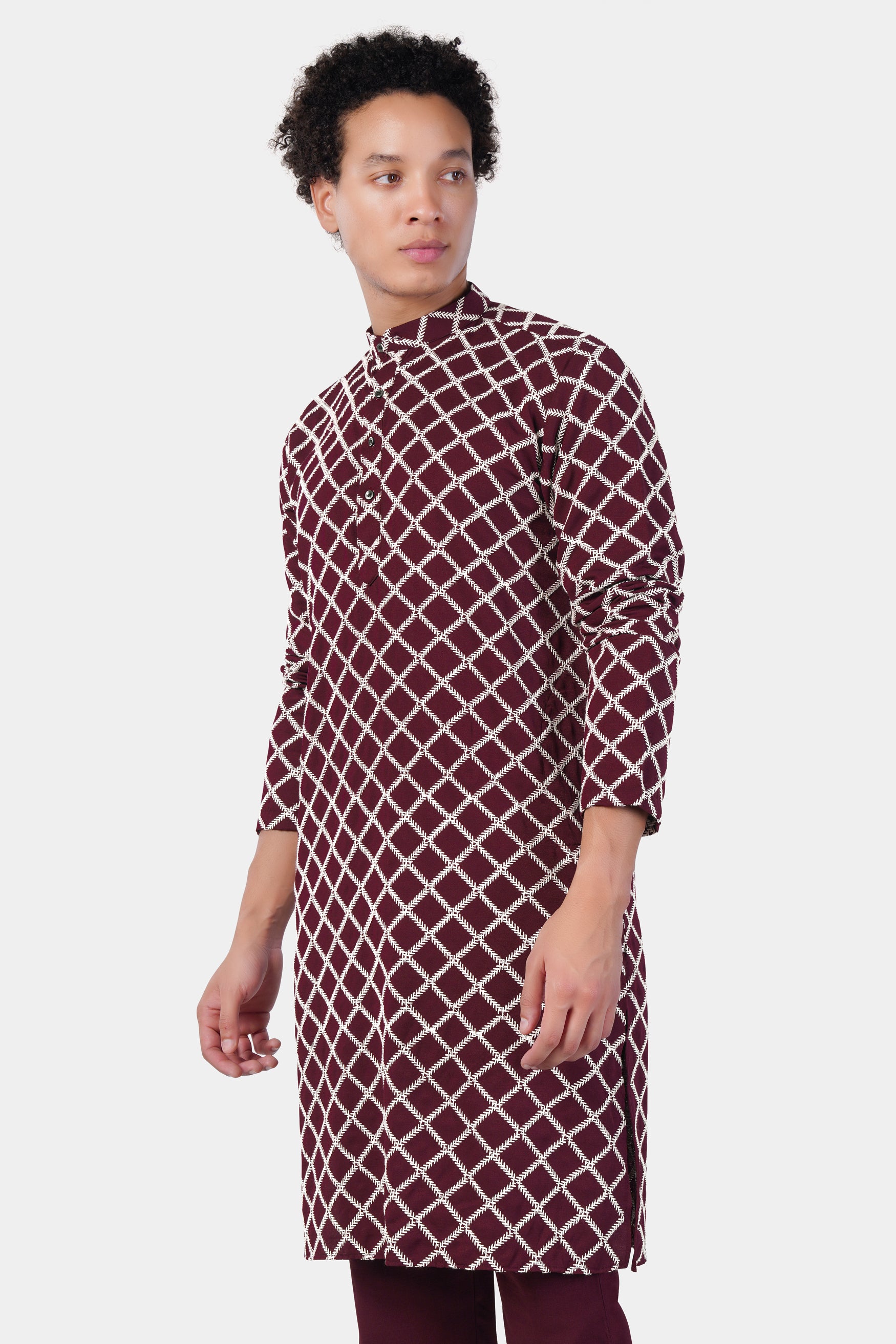Aubergine Maroon and White Geometric Pattern Thread Embroidered Subtle Sheen Viscose Designer Kurta Set