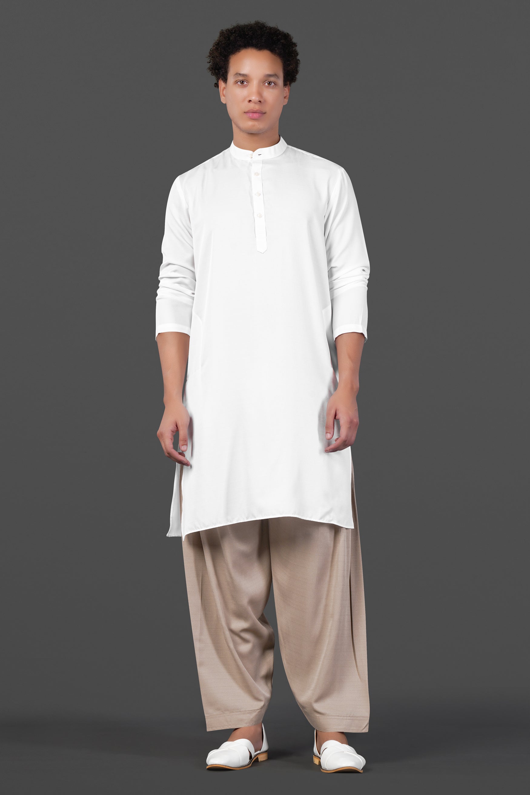 Bright White and Bronco Brown Viscose Kurta Set